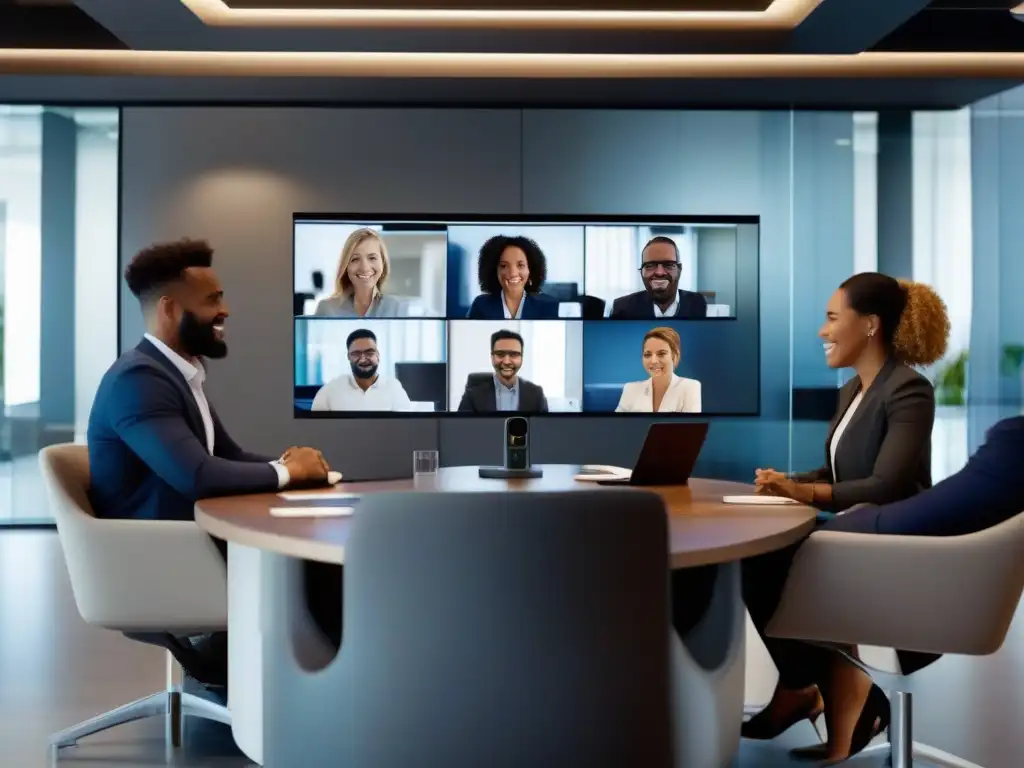 Profesionales en videoconferencia: colaboración y eficiencia Profesionales diversificados en videoconferencia moderna, expresando colaboración y eficiencia