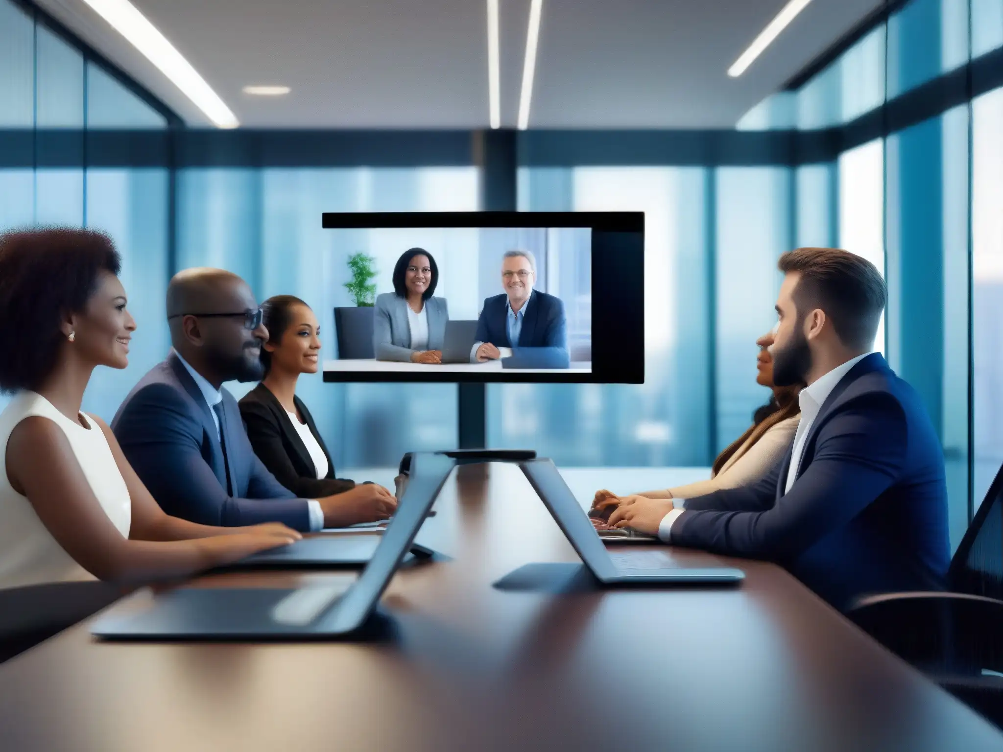 Profesionales diversificados en videoconferencia moderna, transmitiendo seguridad y colaboración