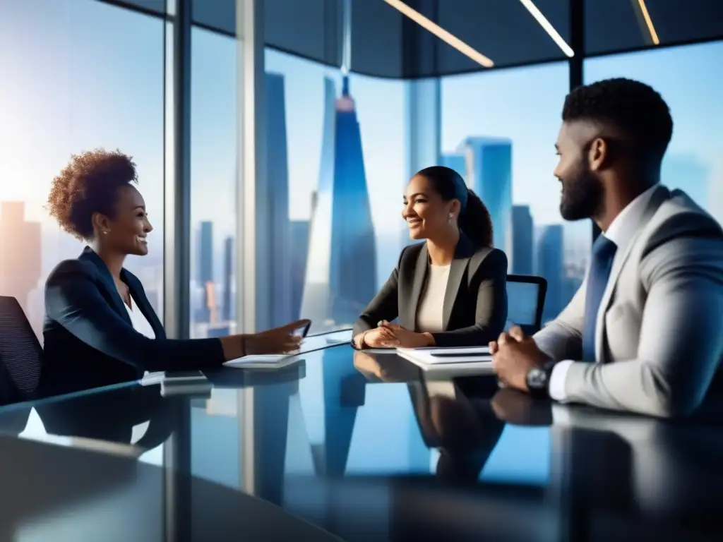 Reunión virtual de profesionales: colaboración eficiente en 2023 Profesionales diversificados en una videoconferencia moderna, colaborativa, con gráficos y vistas a una ciudad futurista