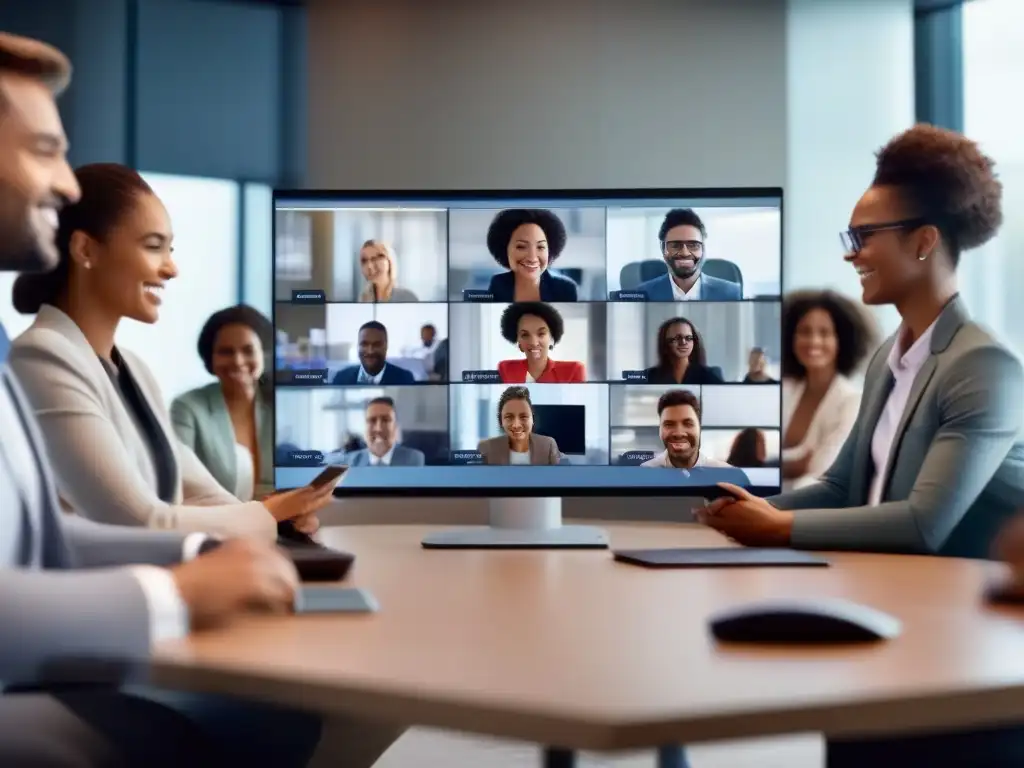 Profesionales en videoconferencia: enfoque y diversidad Profesionales diversificados tienen una videoconferencia móvil en una sala virtual moderna