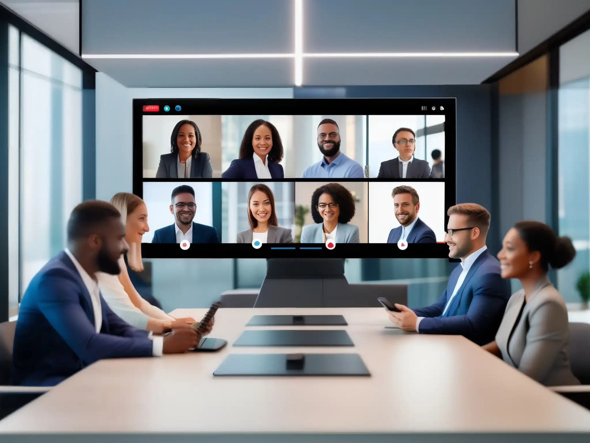 Profesionales en videoconferencia móvil: eficiencia y colaboración Profesionales diversificados en una videoconferencia móvil comparadas, demostrando eficiencia en entorno laboral