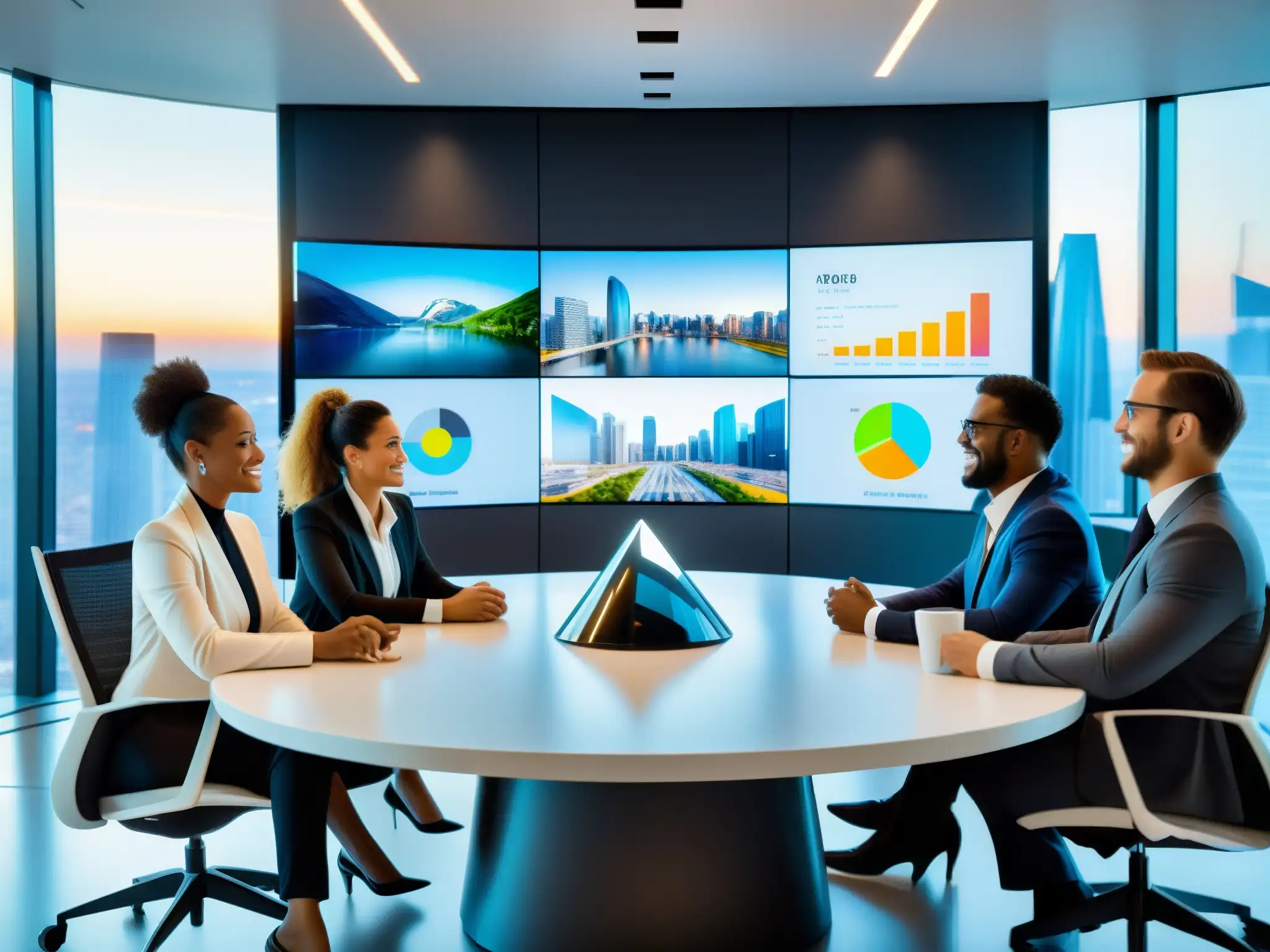 Reunión virtual de profesionales en oficina futurista Profesionales diversificados en videoconferencia en oficina futurista