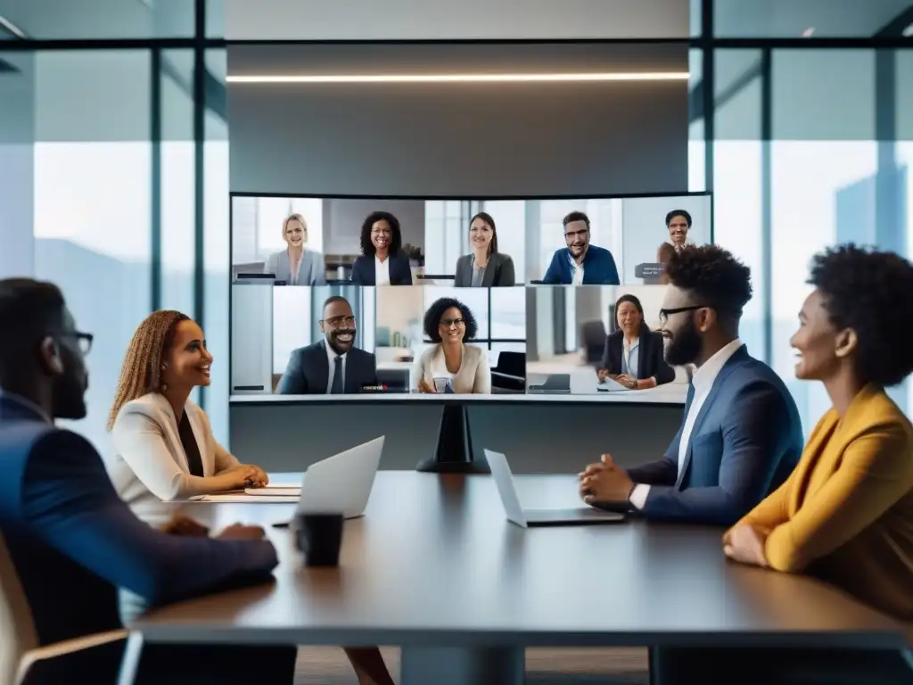 Reunión virtual: Profesionales colaborativos en pantalla de alta resolución Profesionales diversificados en videoconferencia, colaborando en una oficina moderna