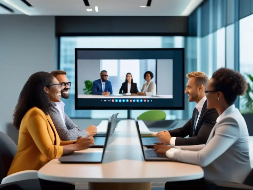 Videoconferencia profesional: colaboración eficaz y productividad Profesionales diversificados participando en videoconferencia con plugins interactivos