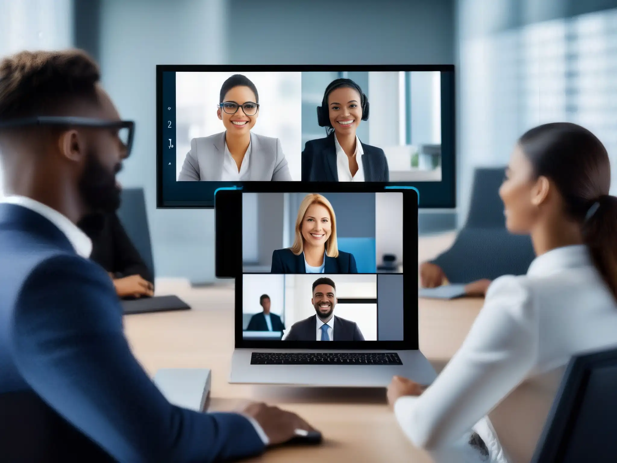 Profesionales en videoconferencia segura Profesionales diversificados en videoconferencia, destacando políticas de privacidad y seguridad en herramientas de videoconferencia
