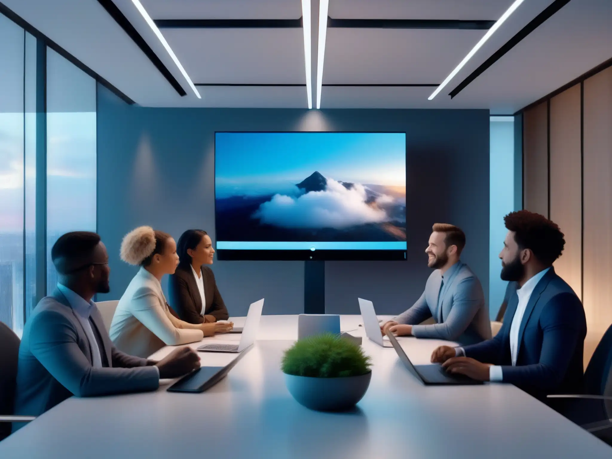 Profesionales innovadores en videoconferencia 8K Profesionales diversificados en videoconferencia, mostrando innovación y productividad