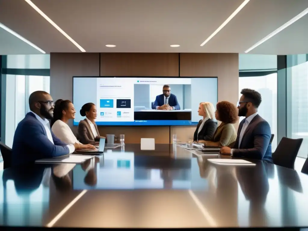 Reunión de profesionales en videoconferencia Profesionales diversificados en una videoconferencia, colaboración y productividad