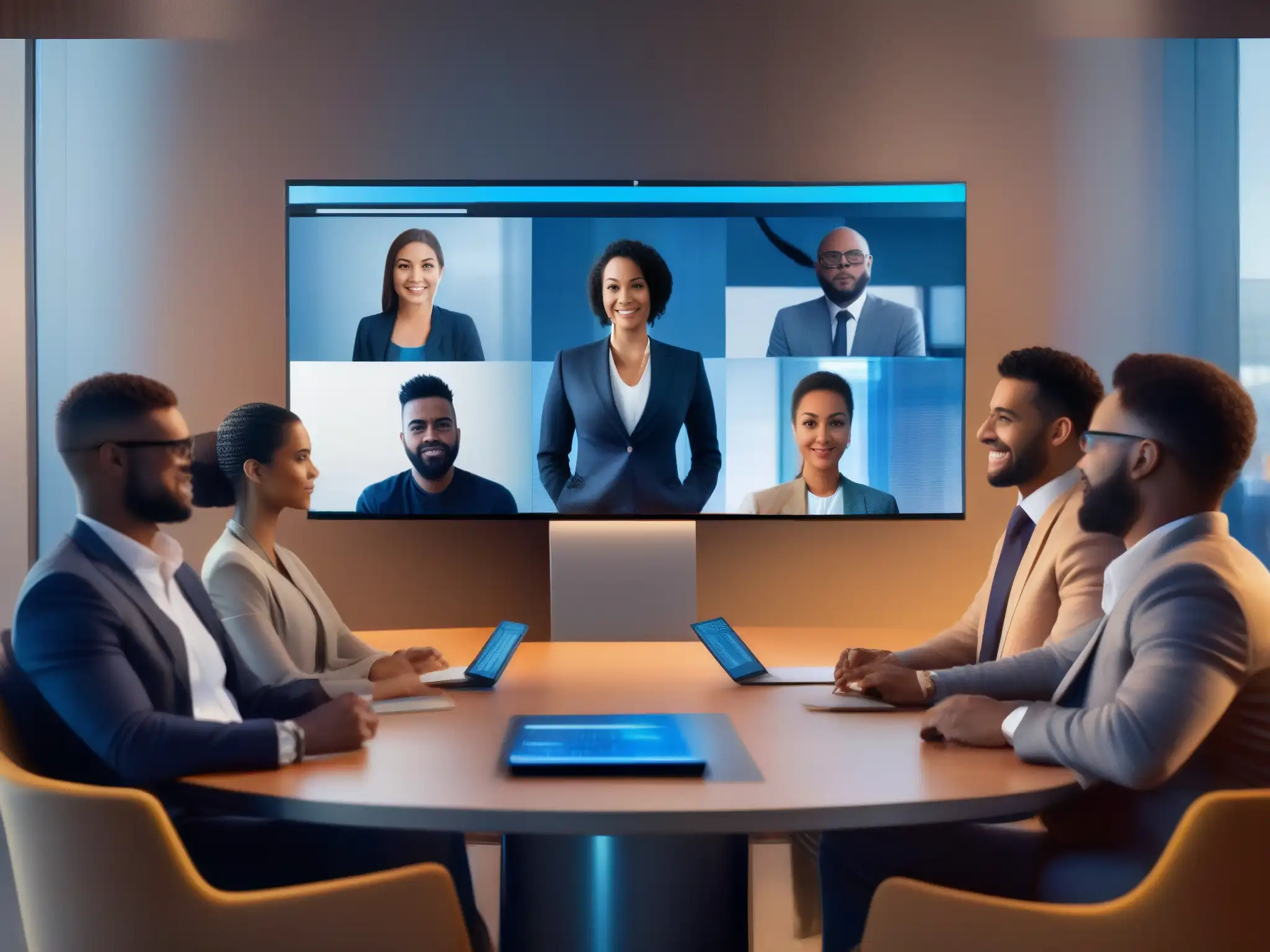 Videoconferencia segura con autenticación biométrica Profesionales diversificados en una videoconferencia segura con autenticación de dos factores y biometría