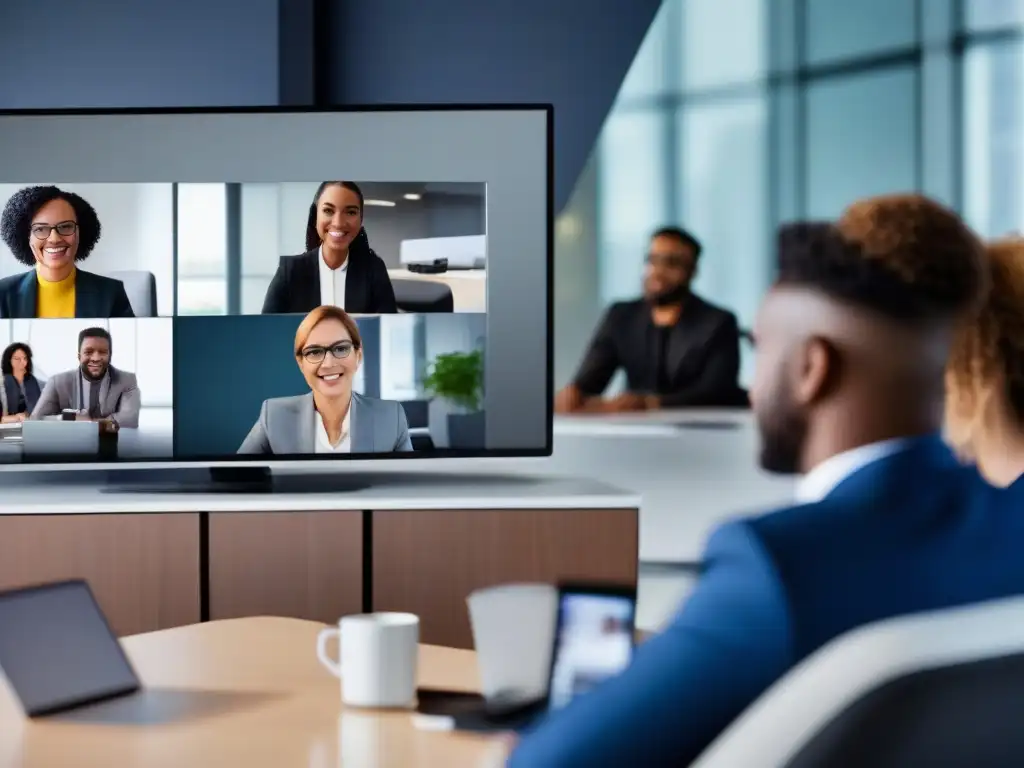 Profesionales comprometidos en videoconferencia Profesionales diversificados participan activamente en una videoconferencia, utilizando técnicas efectivas para videoconferencias
