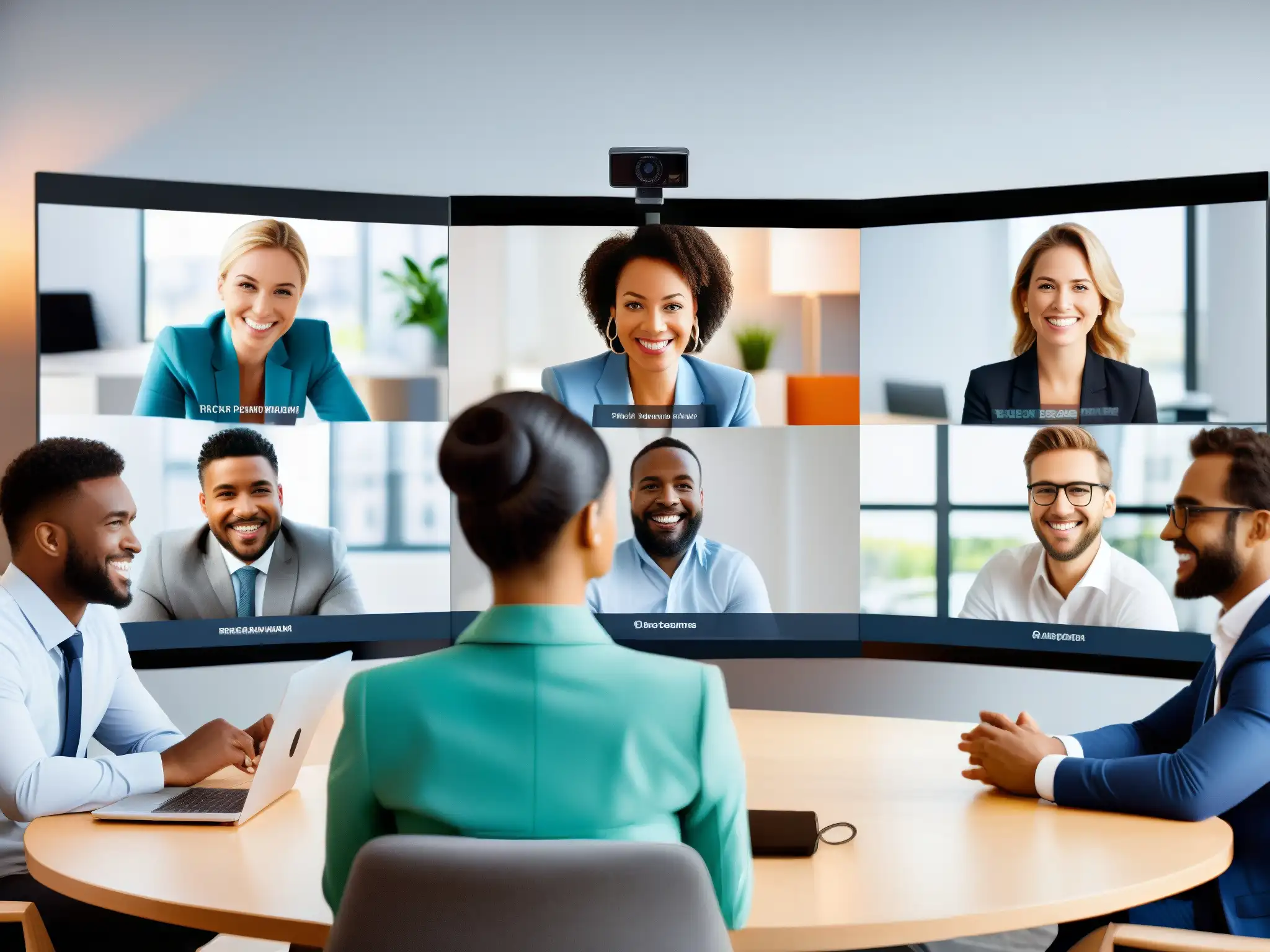 Videoconferencia profesional: participación activa y colaborativa Profesionales diversificados participan activamente en una videoconferencia de alta definición a través de una herramienta de videoconferencia WebRTC