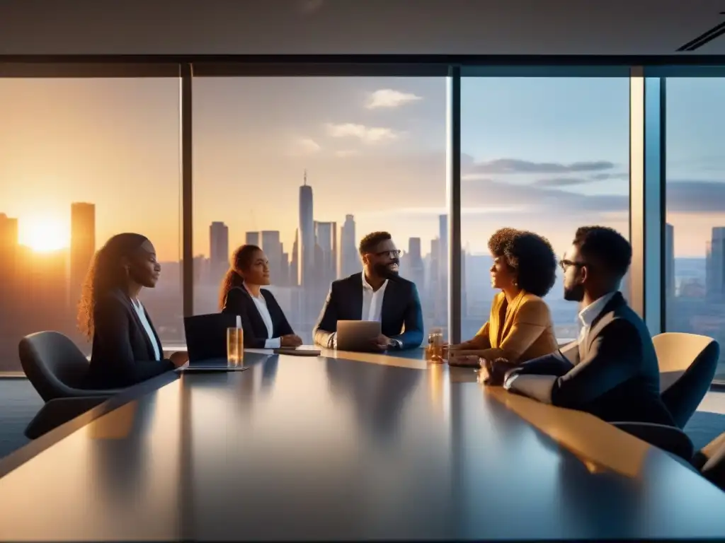 Profesionales diversos en videoconferencia en oficina moderna Profesionales diversificados en videoconferencia, con satisfacción usuario en moderna oficina con vista a la ciudad al atardecer