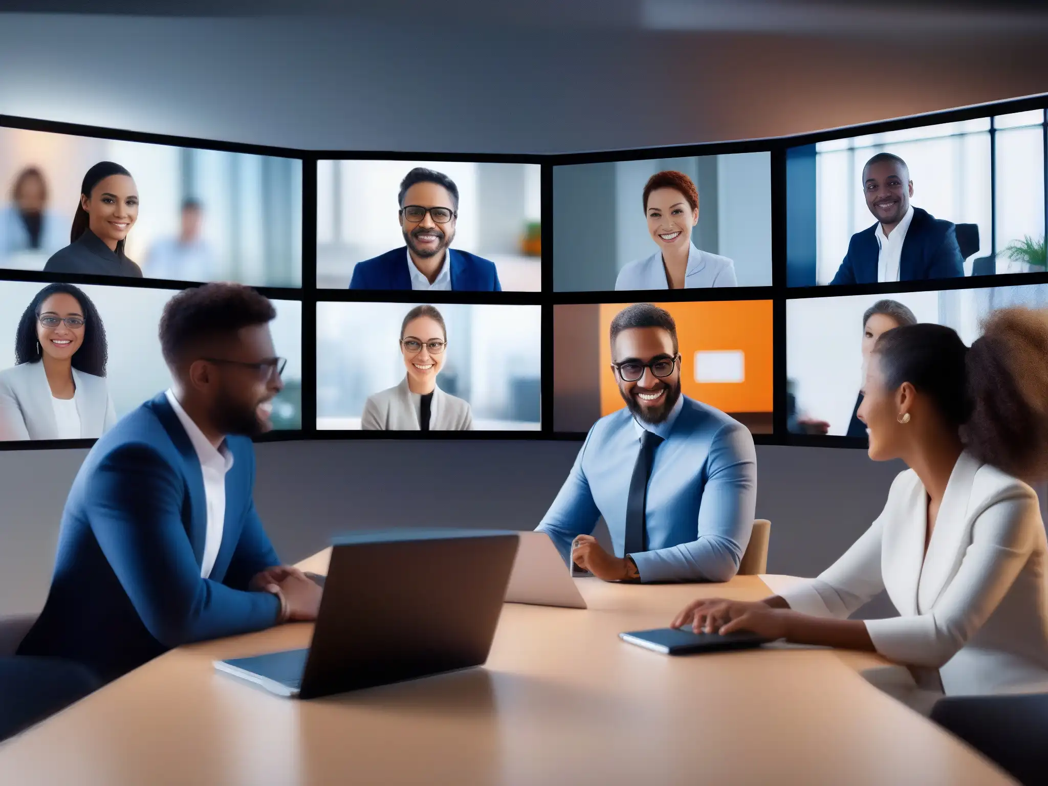 Profesionales comprometidos en conferencia virtual con IA avanzada Profesionales diversificados en videoconferencia virtual con tecnología AI, exudando profesionalismo y el impacto de la IA en reuniones virtuales