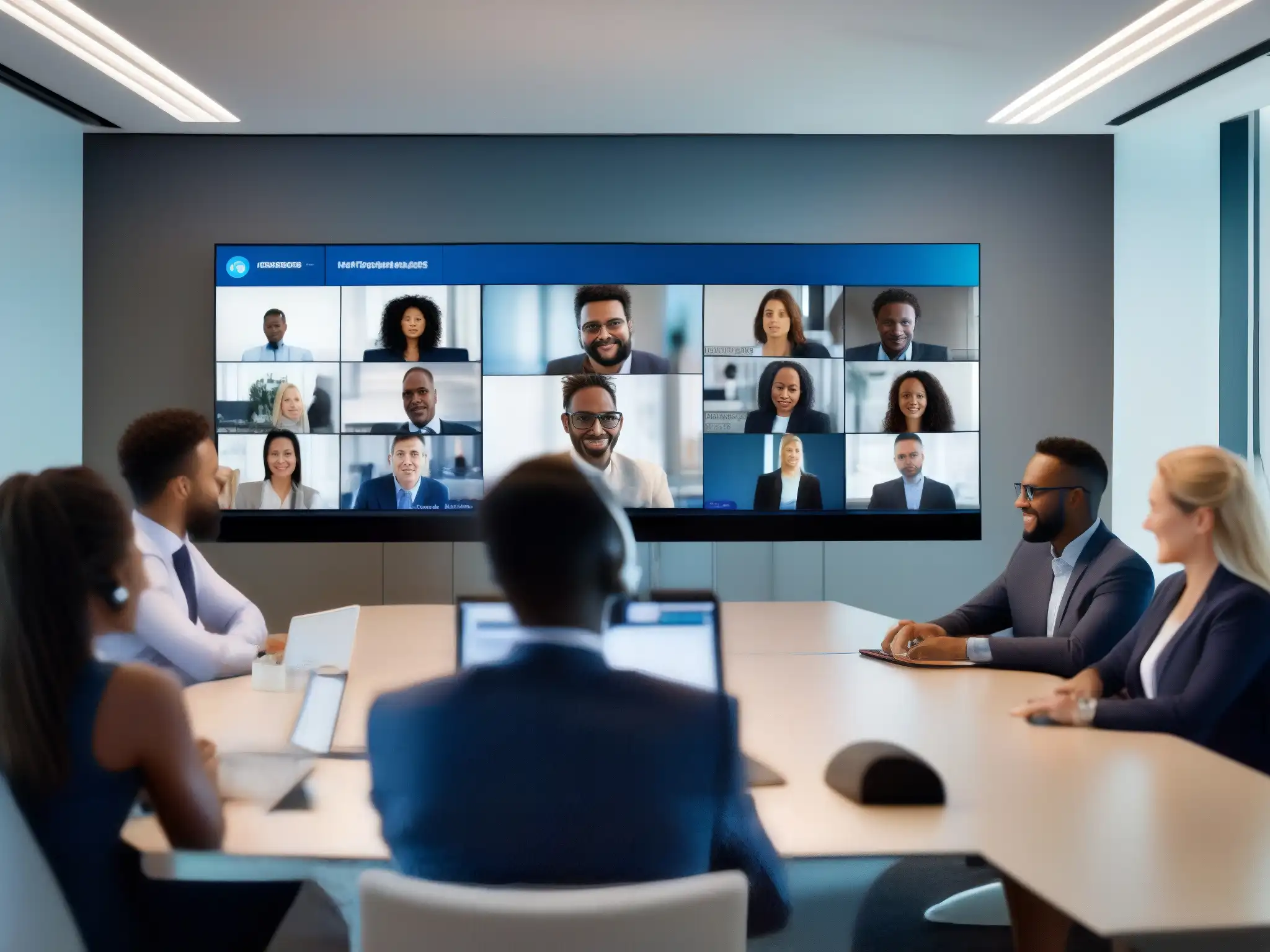 Profesionales en videoconferencia segura y productiva Profesionales diverso en videoconferencia segura, resolviendo errores comunes para una experiencia segura y productiva