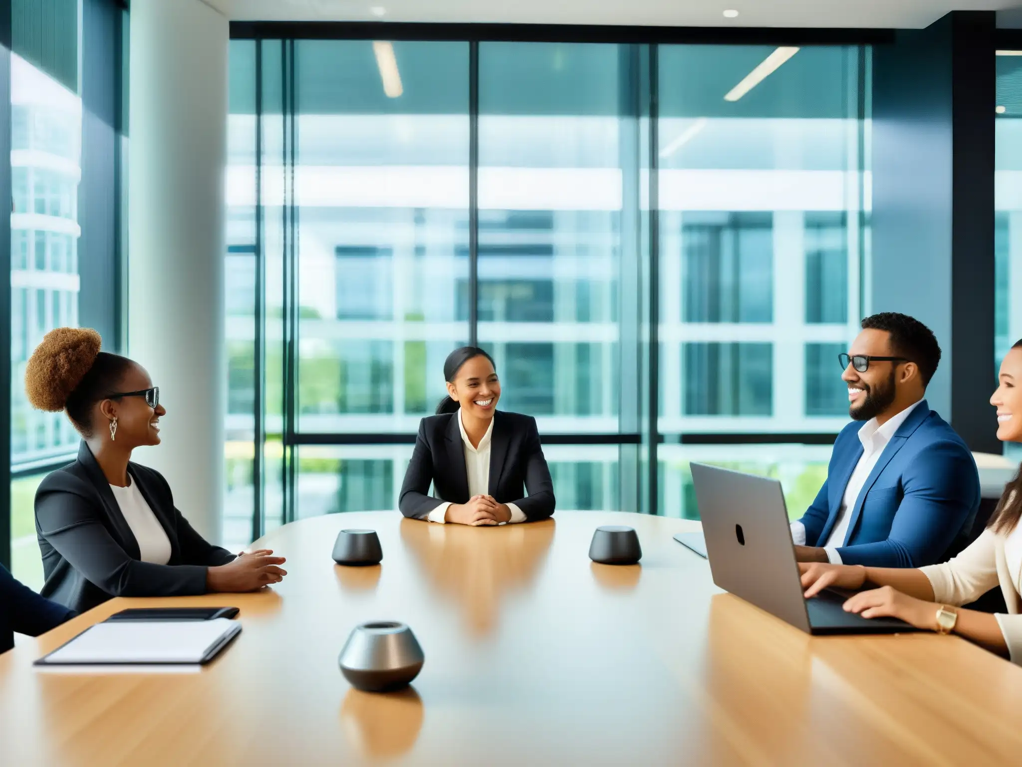 Reunión de profesionales en oficina moderna Profesionales diversos en una moderna oficina, colaborando en una videoconferencia con las mejores herramientas para equipos remotos