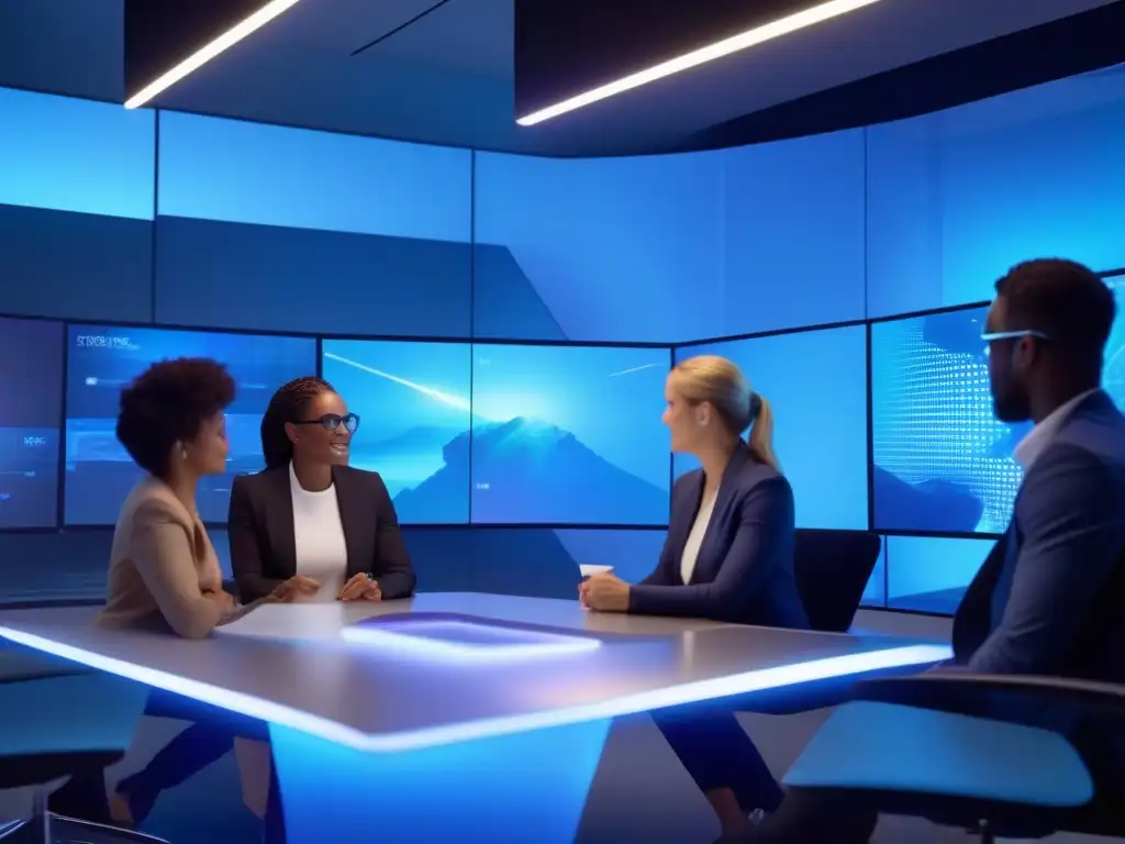 Reunión holográfica futurista en la oficina Profesionales diversos en una oficina futurista tienen una videoconferencia holográfica, reflejando las tendencias de trabajo remoto
