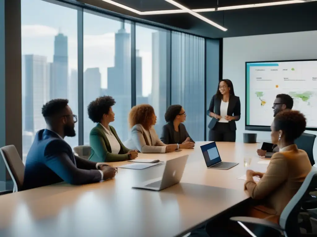 Profesionales en videoconferencia: integración perfecta de Basecamp Profesionales diversos en una oficina moderna usan la integración de videoconferencias en Basecamp para gestionar proyectos con eficacia
