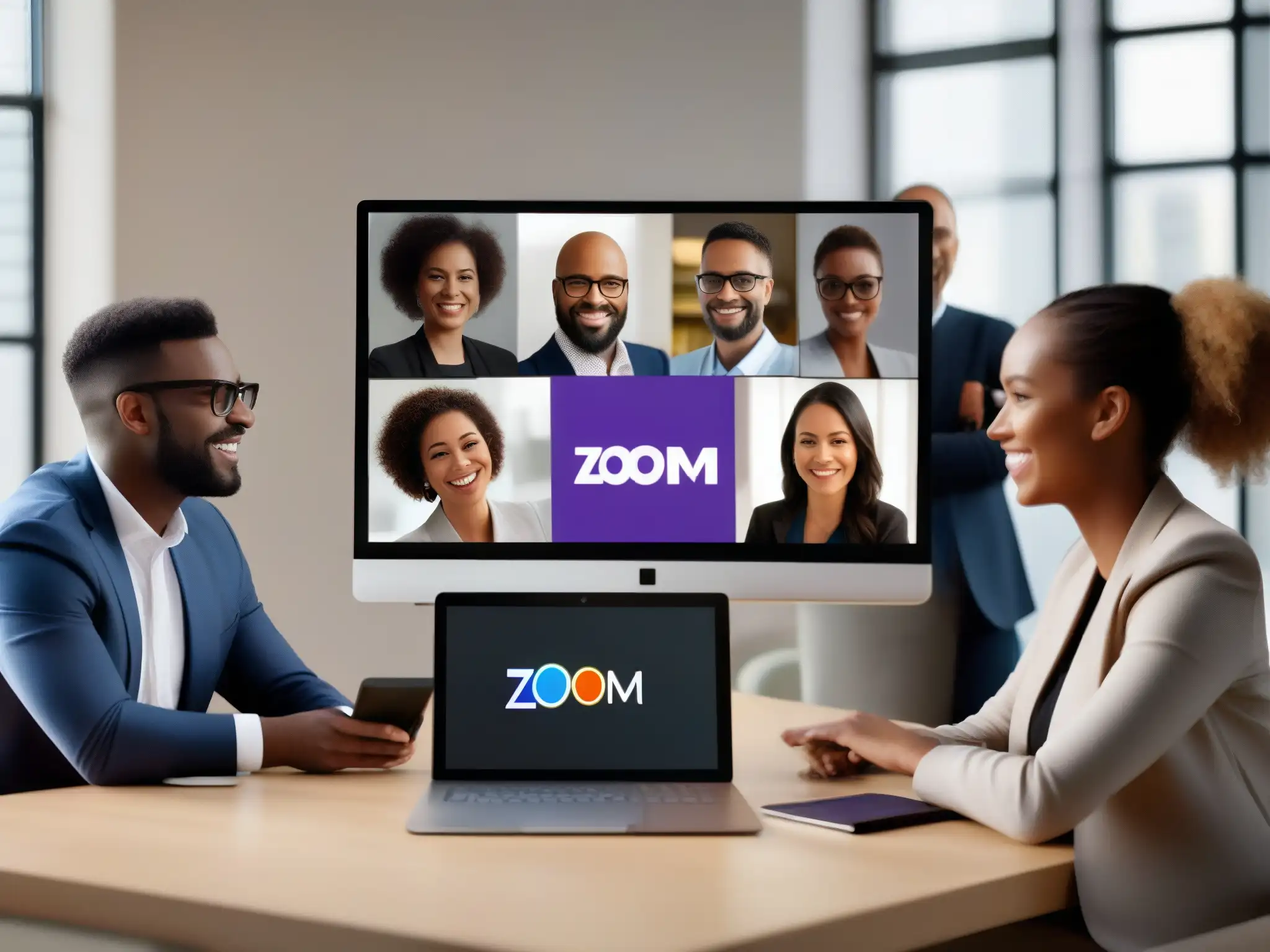 Equipo diverso colaborando en Zoom y Microsoft Teams Profesionales diversos colaborando en proyecto con Zoom y Microsoft Teams, mostrando comparativa características técnicas