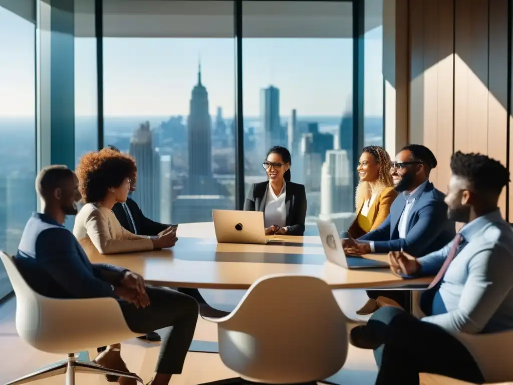 Reunión virtual de profesionales con vista urbana Profesionales diversos en reunión de videoconferencia multiplataforma con las mejores herramientas
