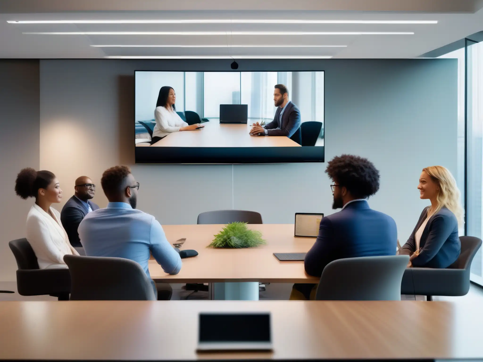 Reunión virtual de profesionales en espacio de trabajo moderno y luminoso Profesionales diversos en reunión por videoconferencia en oficina moderna
