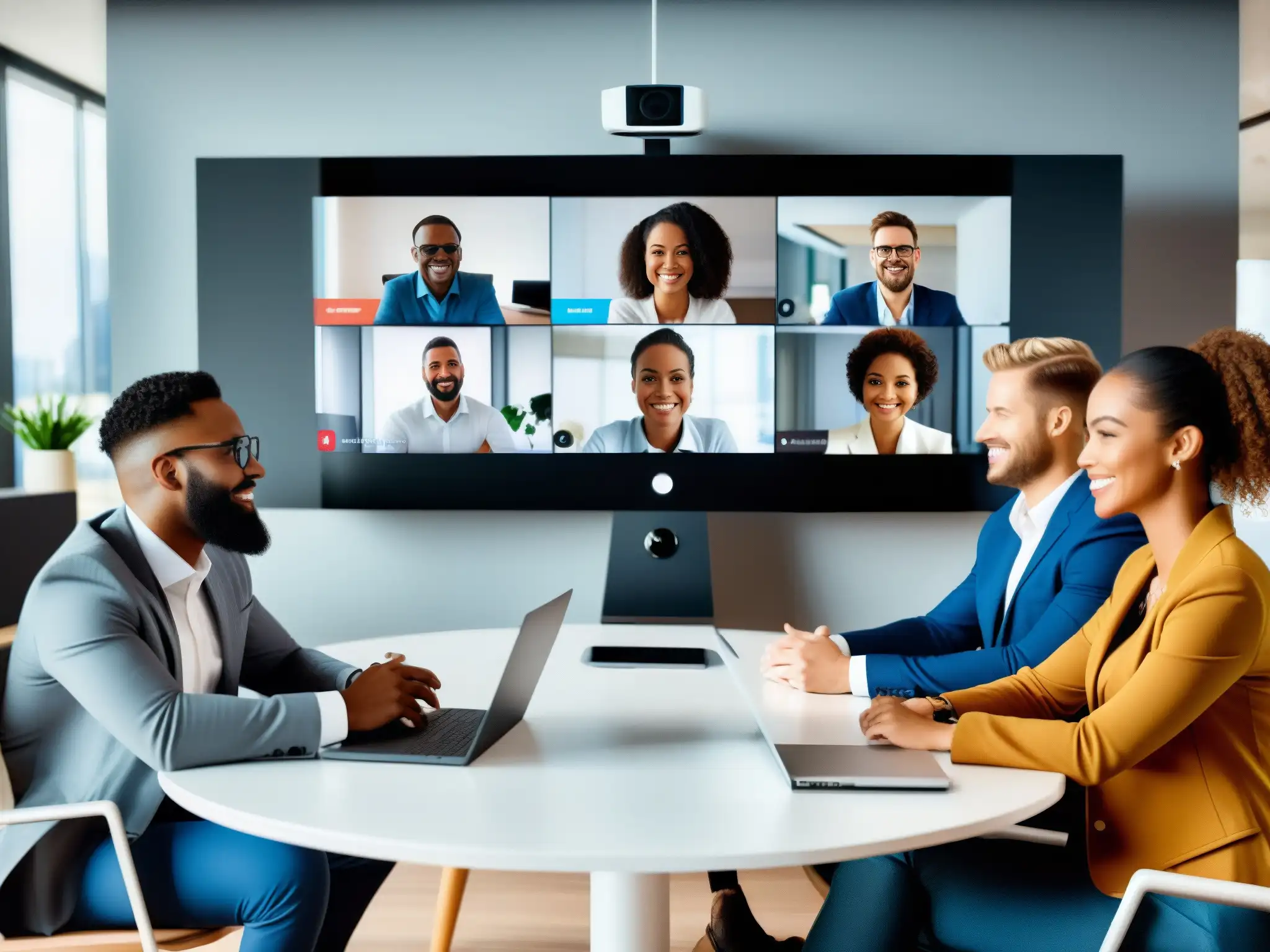 Reunión virtual de profesionales: colaboración eficiente y modernidad Profesionales diversos en reunión virtual de alta calidad, expresando colaboración y eficiencia