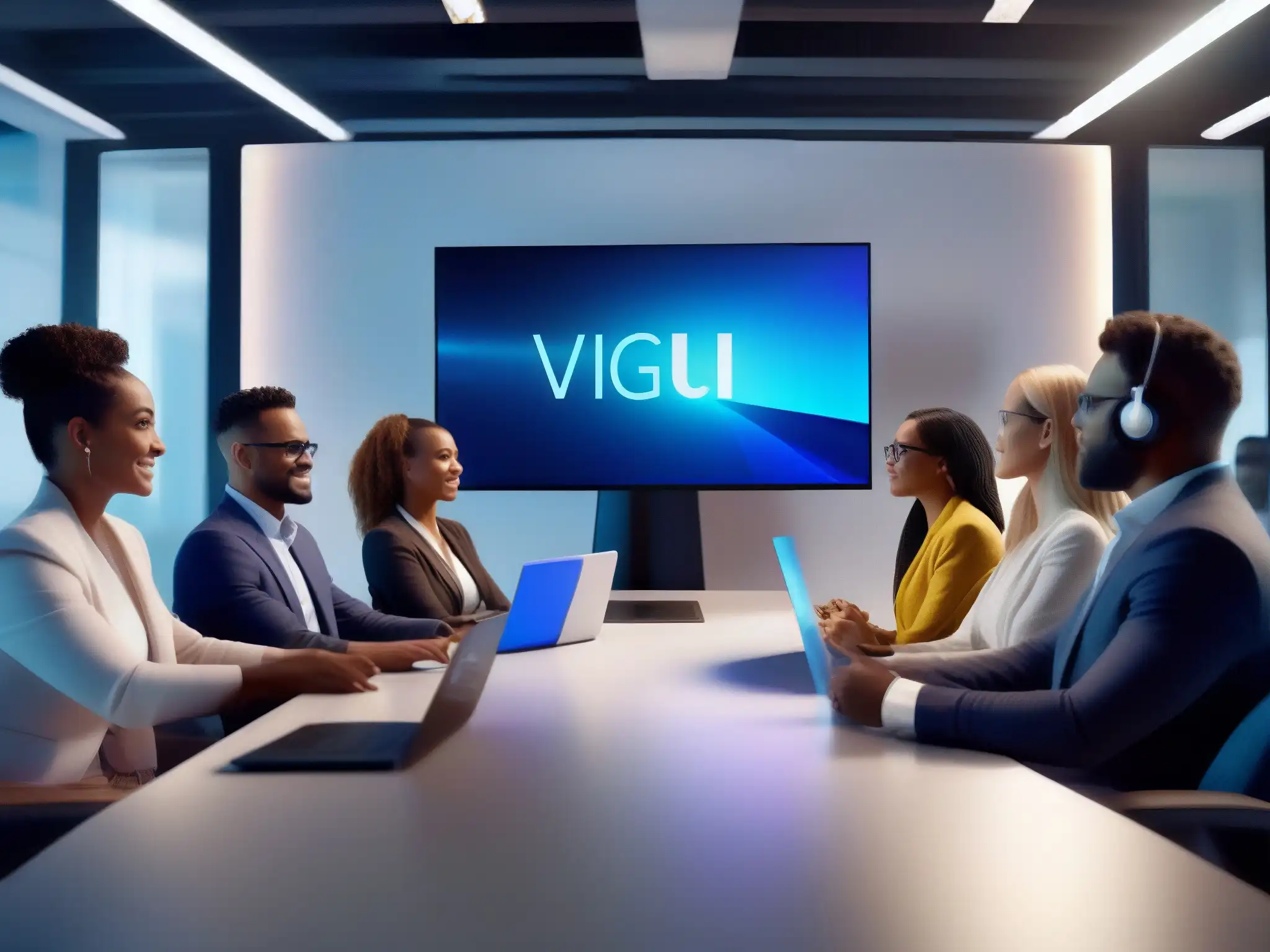 Reunión virtual de profesionales: colaboración e innovación Profesionales diversos en reunión virtual con las mejores herramientas videoconferencia para proyectos grupales, ambiente profesional e innovador