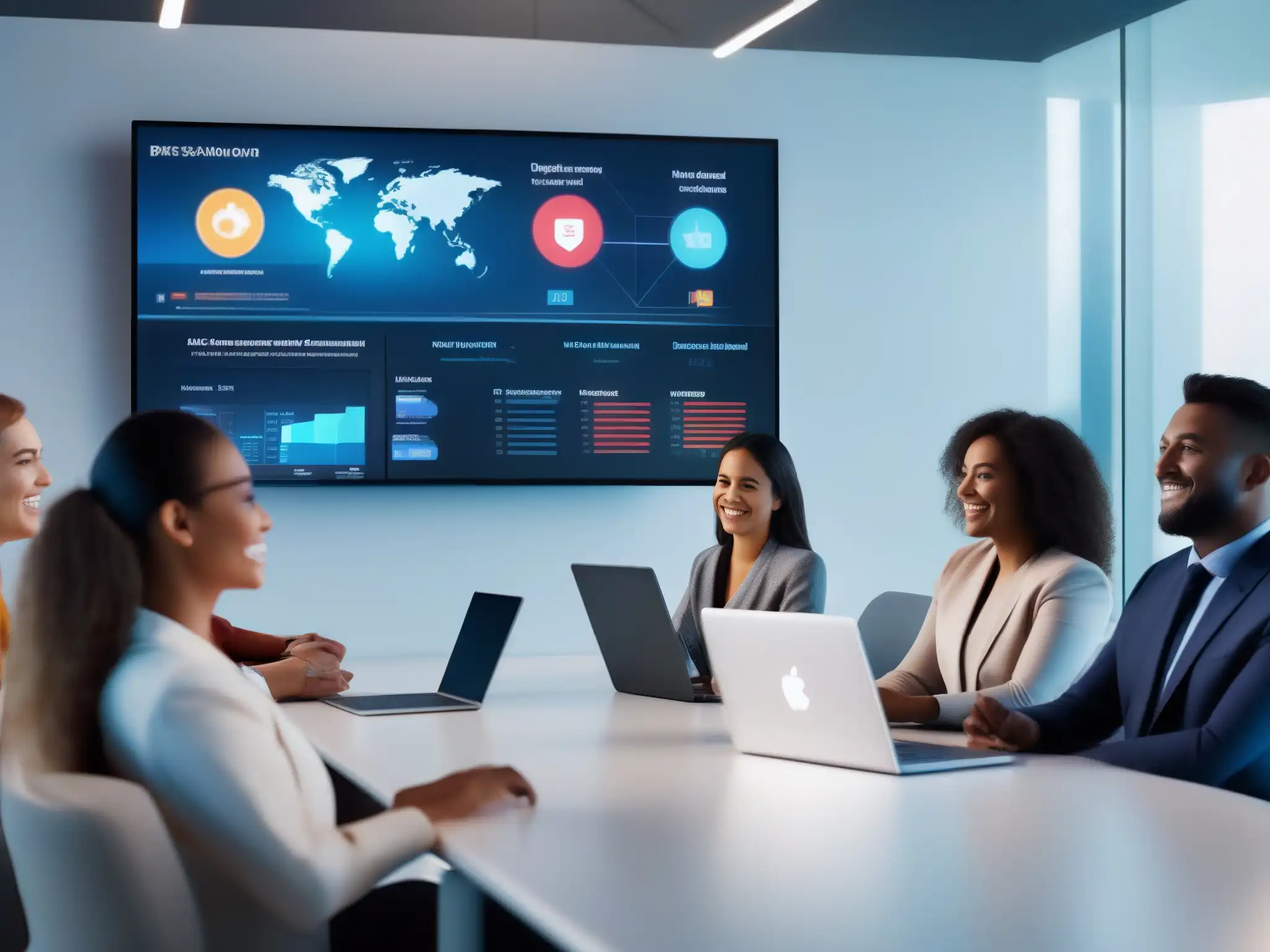 Reunión virtual con tecnología AI avanzada Profesionales diversos en una reunión virtual con tecnología de IA avanzada