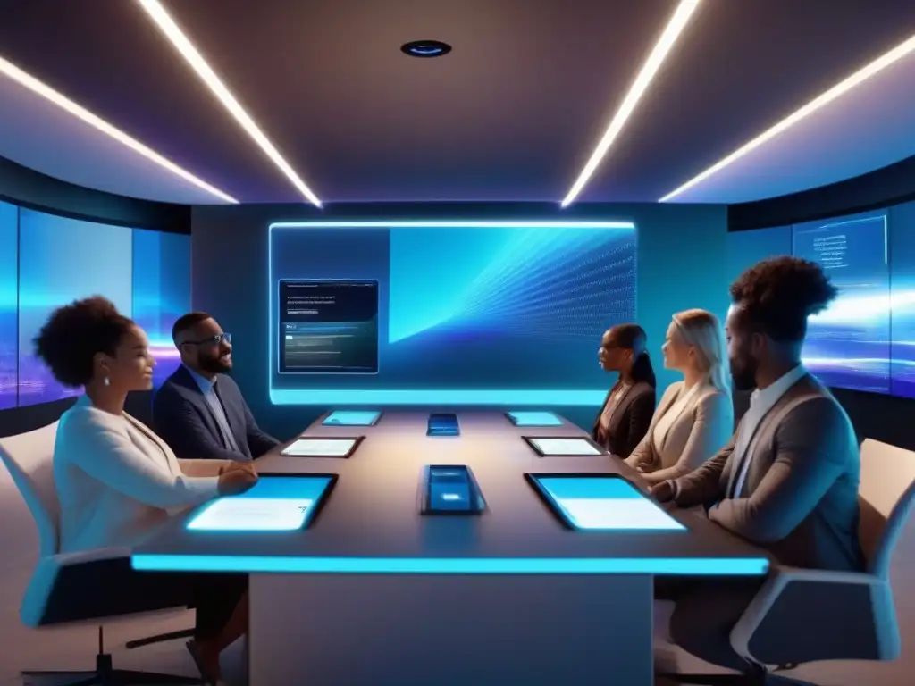Profesionales en reunión virtual 8k con IA Profesionales diversos en reunión virtual con IA, mostrando colaboración y tecnología en sala futurista 8k