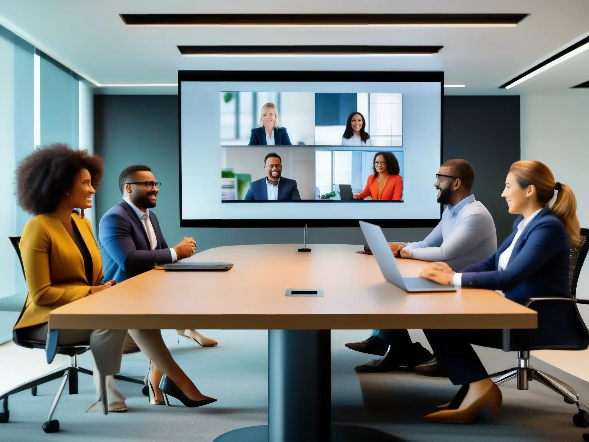 Profesionales diversos en reunión virtual: adaptabilidad en acción Profesionales diversos en videoconferencia, adaptabilidad y dominio de herramientas para colaboración en el trabajo