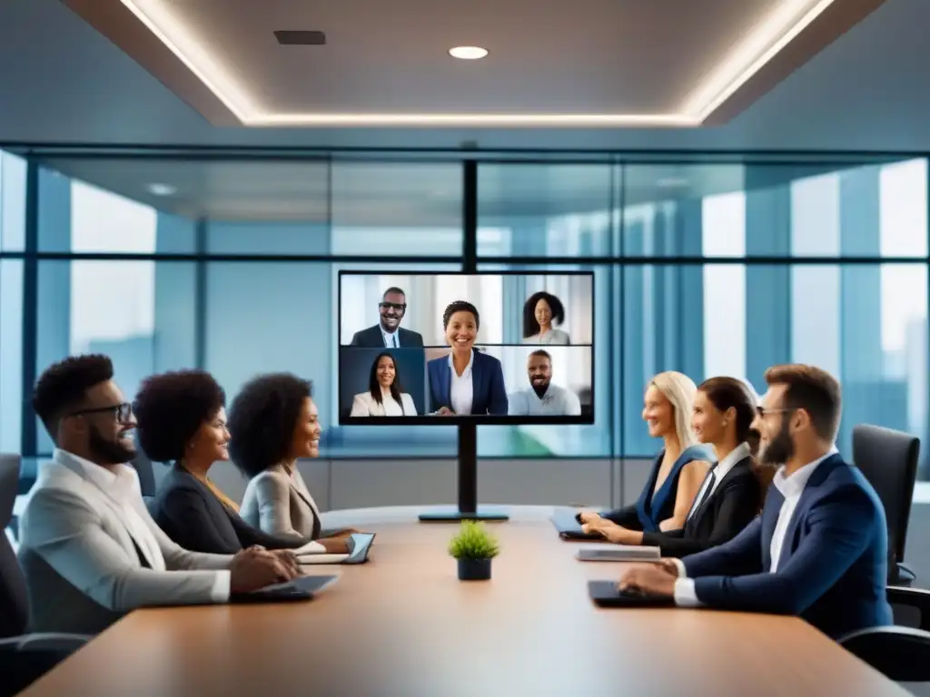 Videoconferencia profesional con calidad de imagen cristalina Profesionales diversos en videoconferencia de alta calidad, transmitiendo confiabilidad y profesionalismo