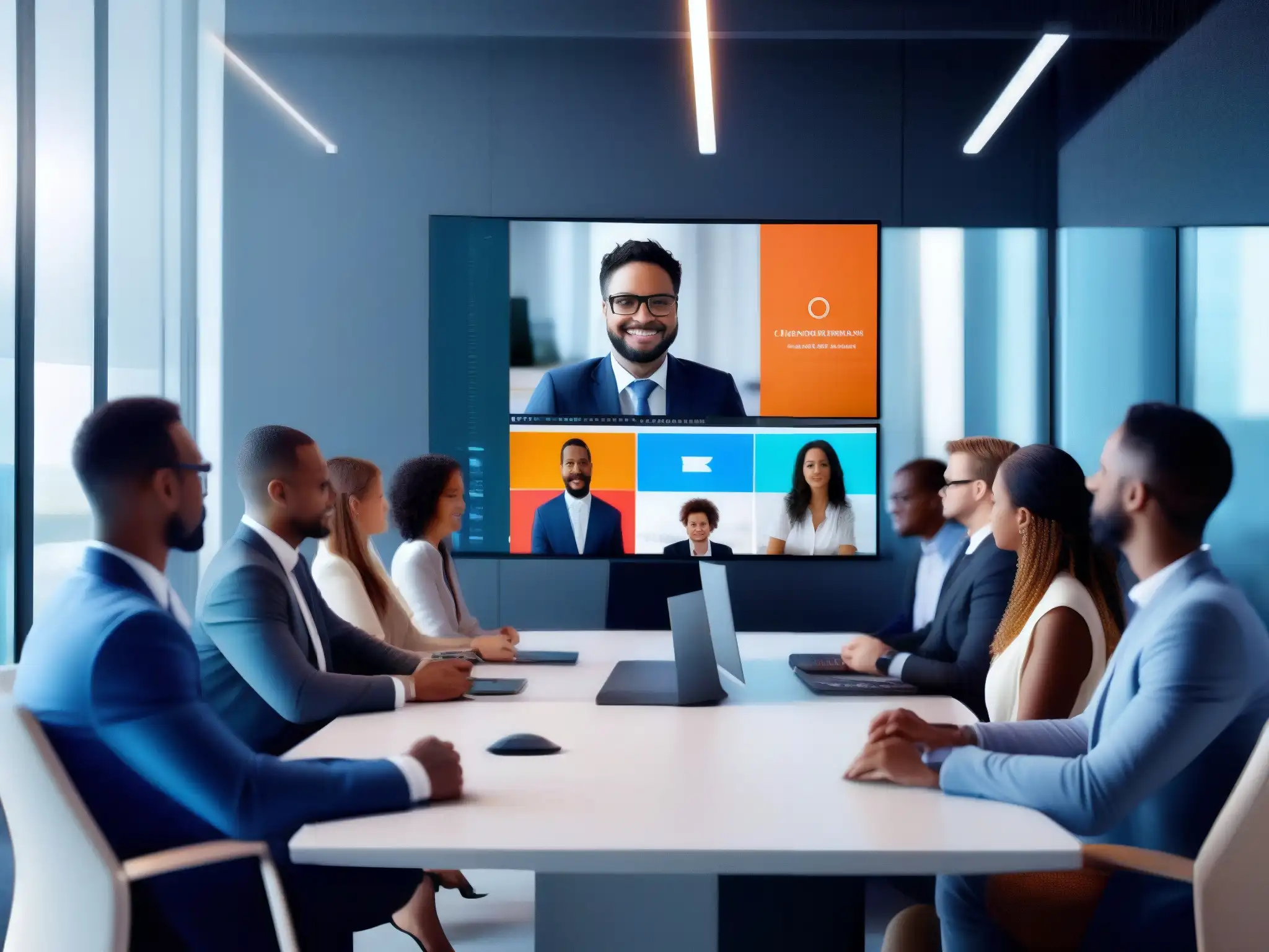 Videoconferencia profesional: Colaboración dinámica y productiva Profesionales diversos en videoconferencia de alta calidad optimizada para rendimiento