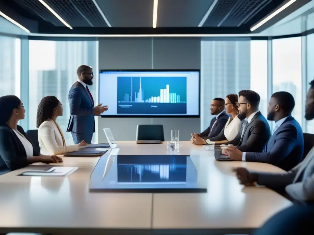 Reunión de profesionales en videoconferencia: colaboración e innovación Profesionales diversos en videoconferencia, ambiente moderno y colaborativo