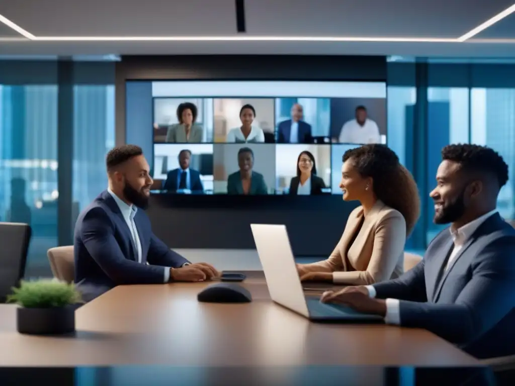 Videoconferencia profesional diversa en 8k Profesionales diversos en videoconferencia, ambiente profesional y seguro, representando la diversidad en un entorno laboral
