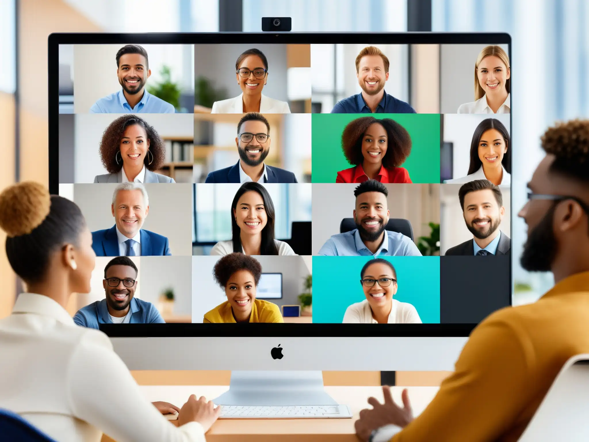 Profesionales colaborando en videoconferencia: Zoom, Teams y Hangouts Profesionales diversos en videoconferencia, mostrando la calidad de Zoom, Teams y Hangouts en distintos sistemas operativos