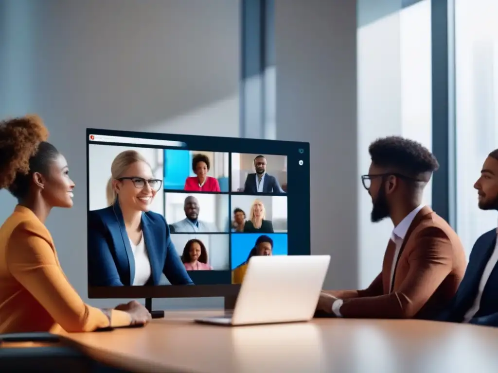 Profesionales en videoconferencia: diversidad y profesionalismo Profesionales diversos en videoconferencia, con caras visibles