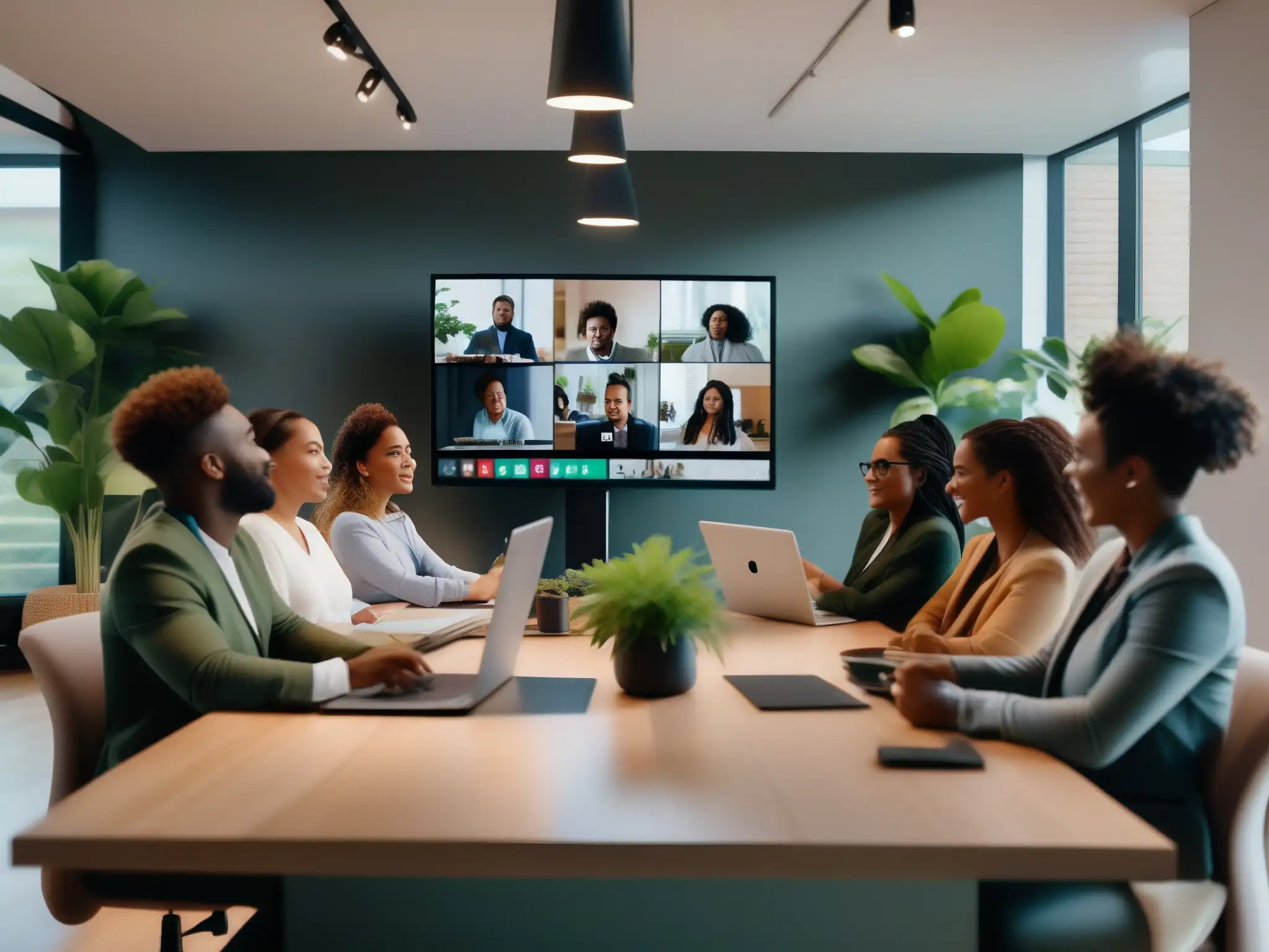 Reunión virtual de profesionales en hogares modernos Profesionales diversos en videoconferencia desde casa, logrando un efecto de balance entre trabajo y vida