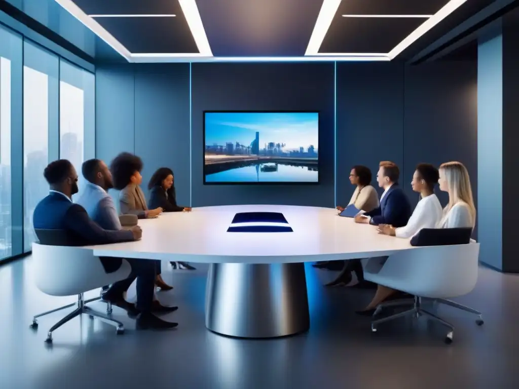 Conferencia virtual dinámica de profesionales en mesa futurista Profesionales diversos en videoconferencia, fomentando innovación y colaboración para mejorar comunicación interna