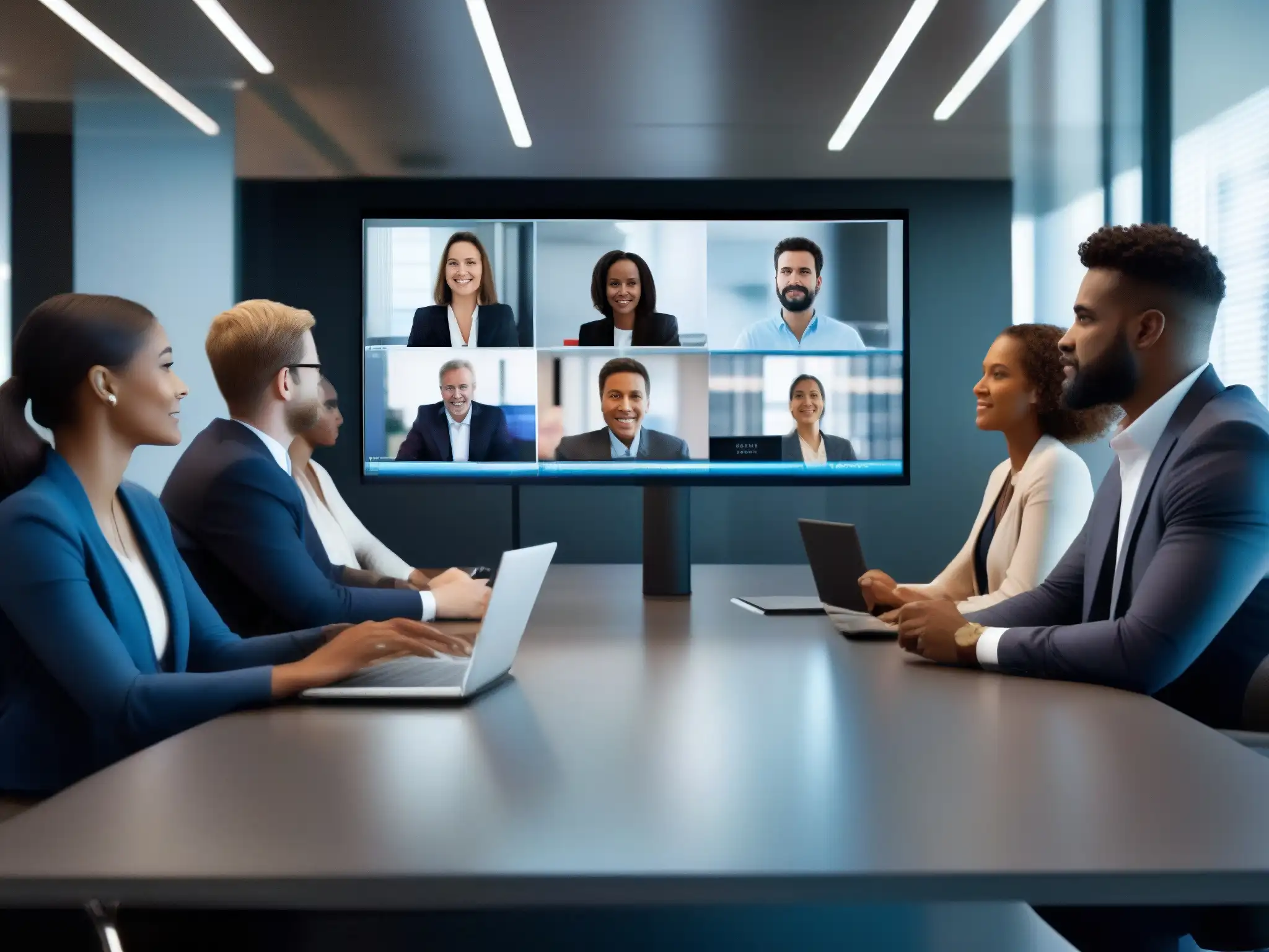 Videoconferencia de profesionales en oficina moderna Profesionales diversos en videoconferencia, conectados en un espacio de oficina moderno