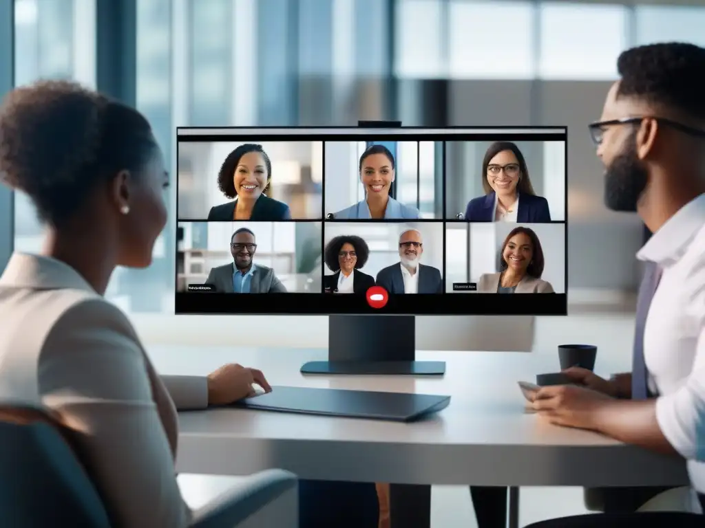 Videoconferencia profesional y moderna de diversidad Profesionales diversos en videoconferencia, transmiten colaboración y eficiencia