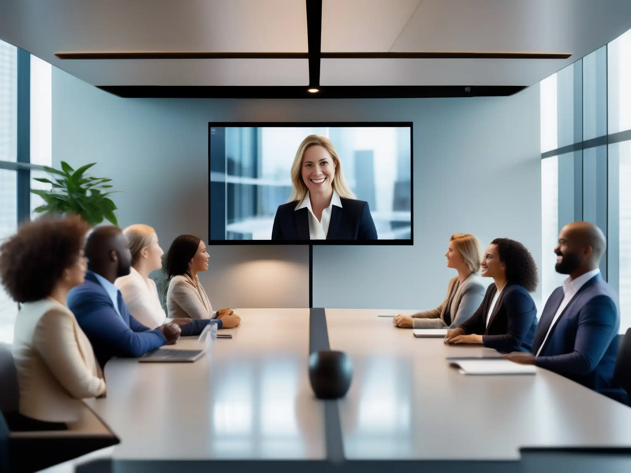 Profesionales colaborando en videoconferencia Profesionales diversos en una videoconferencia, colaborando con entusiasmo