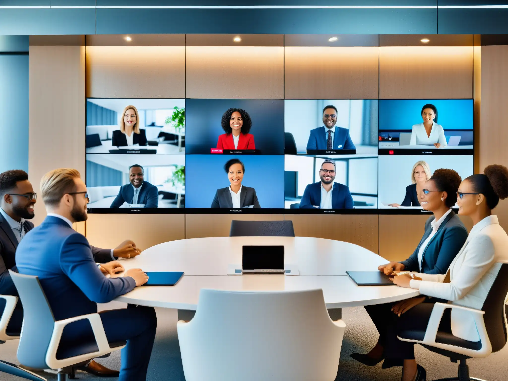 Videoconferencia profesional: colaboración eficiente y moderna Profesionales diversos en videoconferencia escalable, moderna y productiva