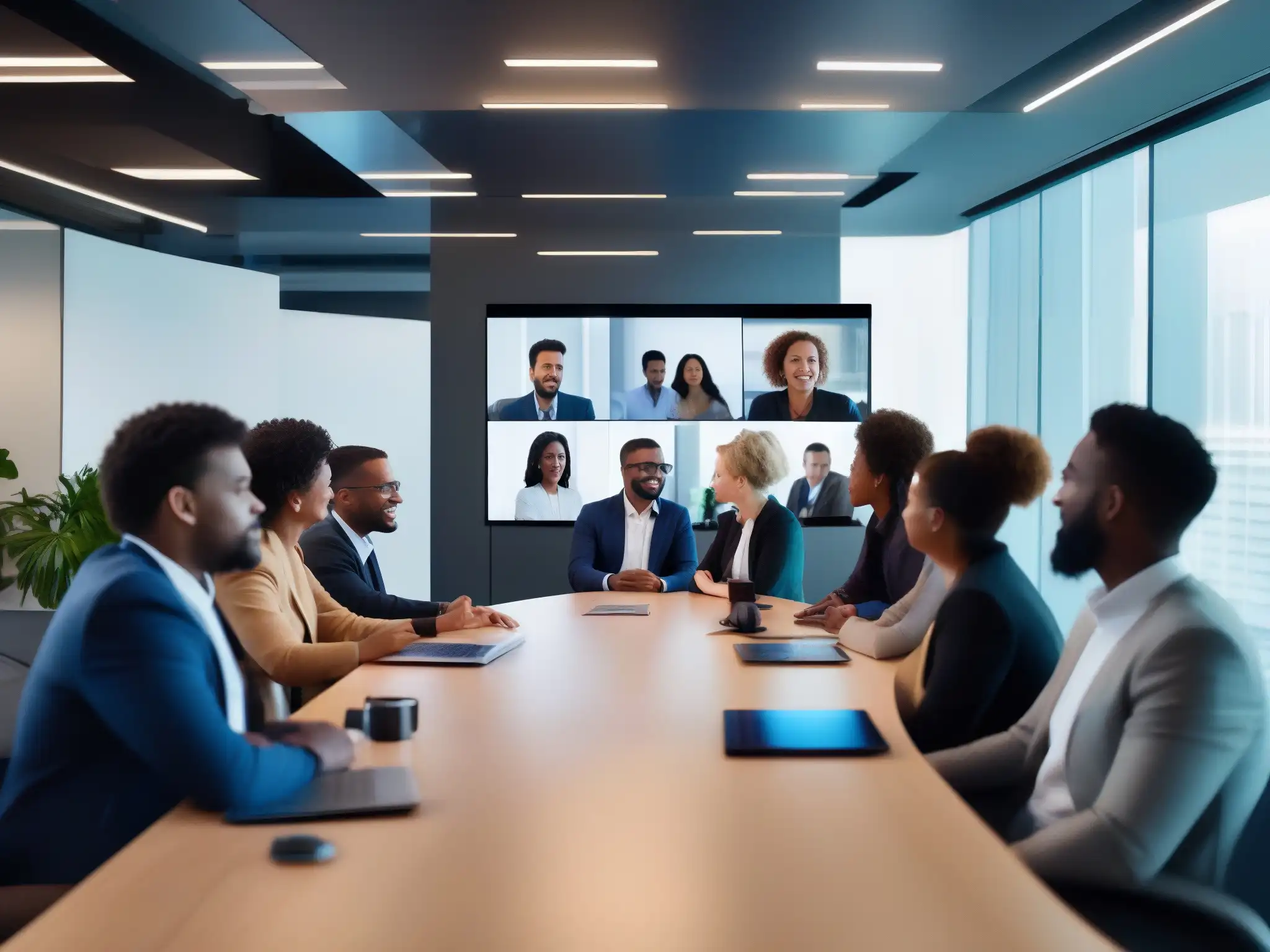 Reunión virtual de profesionales: colaboración dinámica y profesionalismo Profesionales diversos en videoconferencia, colaborando en un espacio moderno