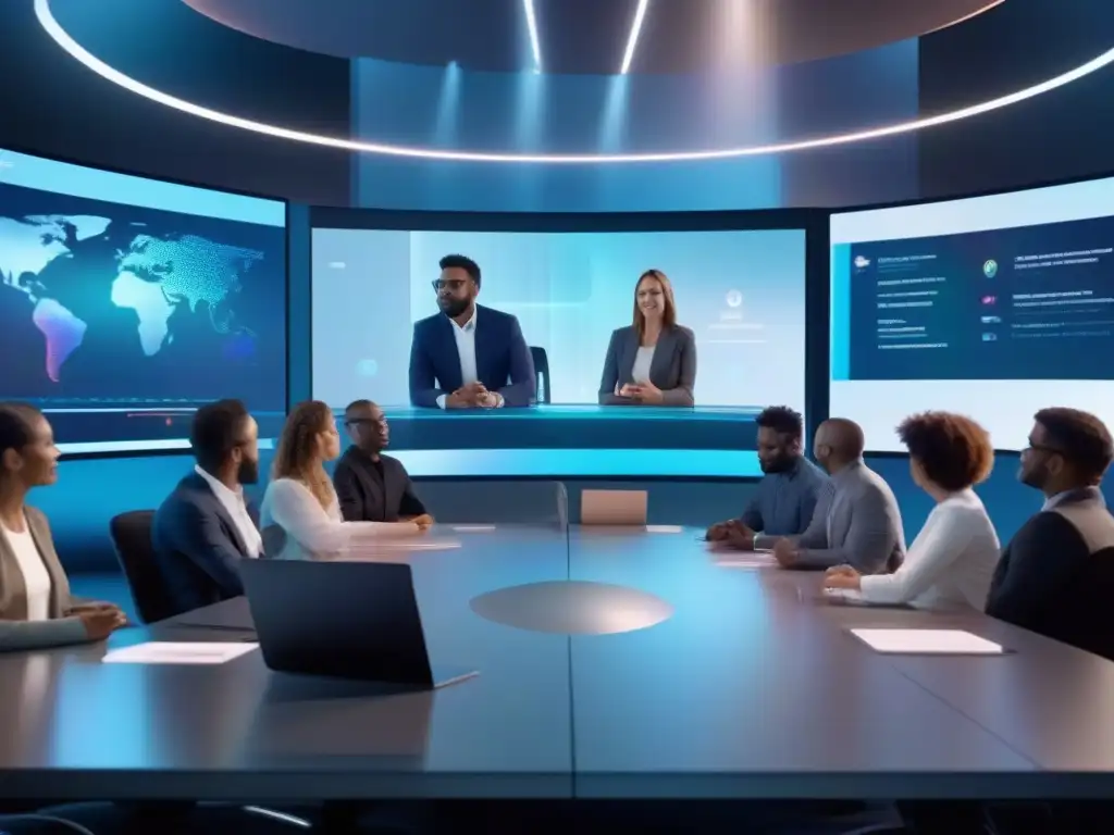Sala de reuniones virtuales futurista con profesionales innovadores Profesionales diversos en una videoconferencia futurista, utilizando tecnologías emergentes para el teletrabajo