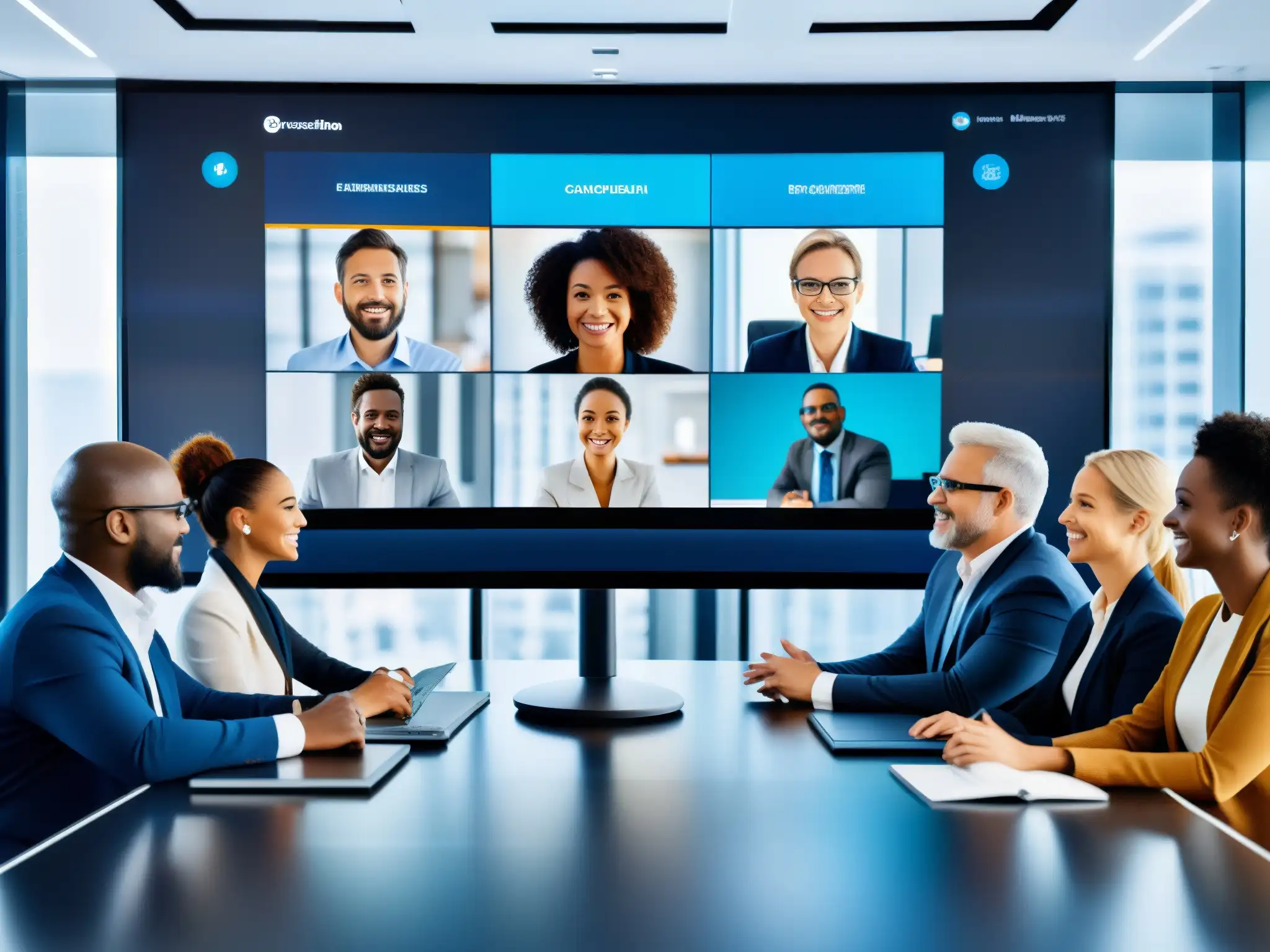Videoconferencia futurista con IA y colaboración profesional Profesionales diversos se reúnen en una videoconferencia con herramientas de IA, colaborando con entusiasmo