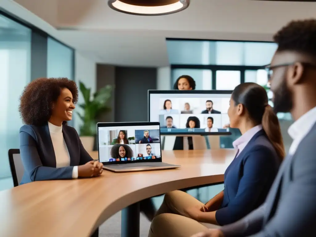 Conferencia global con traducción en tiempo real Profesionales diversos en videoconferencia con herramientas de traducción en tiempo real, conectados y comprometidos en un espacio moderno y luminoso