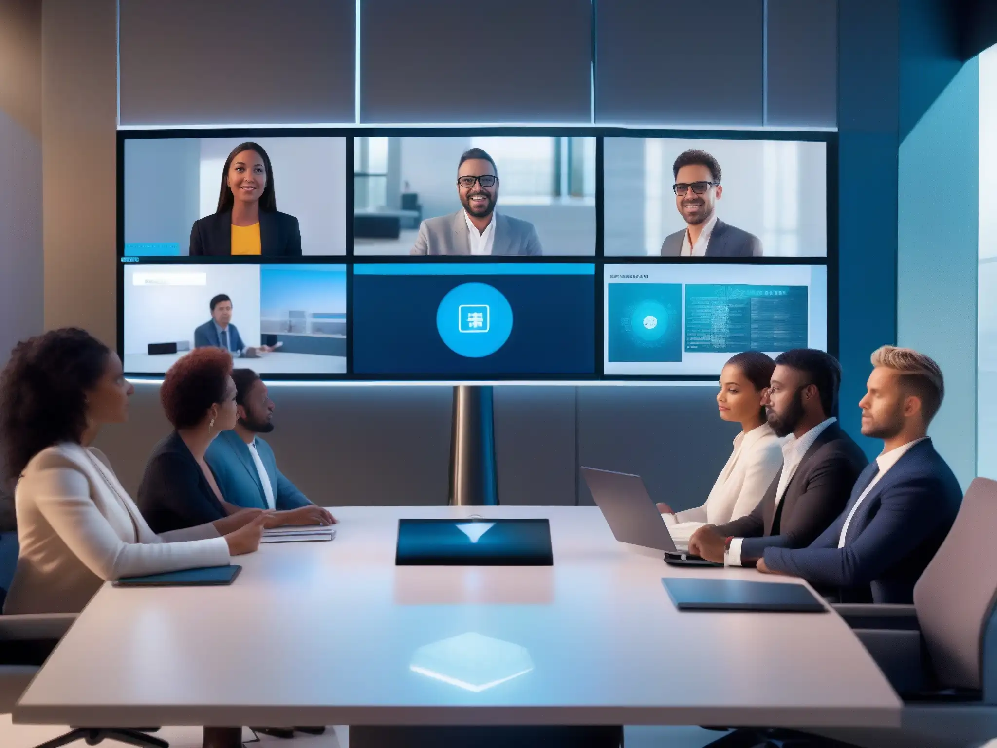 Profesionales en videoconferencia con herramientas interactivas Profesionales diversos en videoconferencia, con herramientas de colaboración y feeds de video nítidos