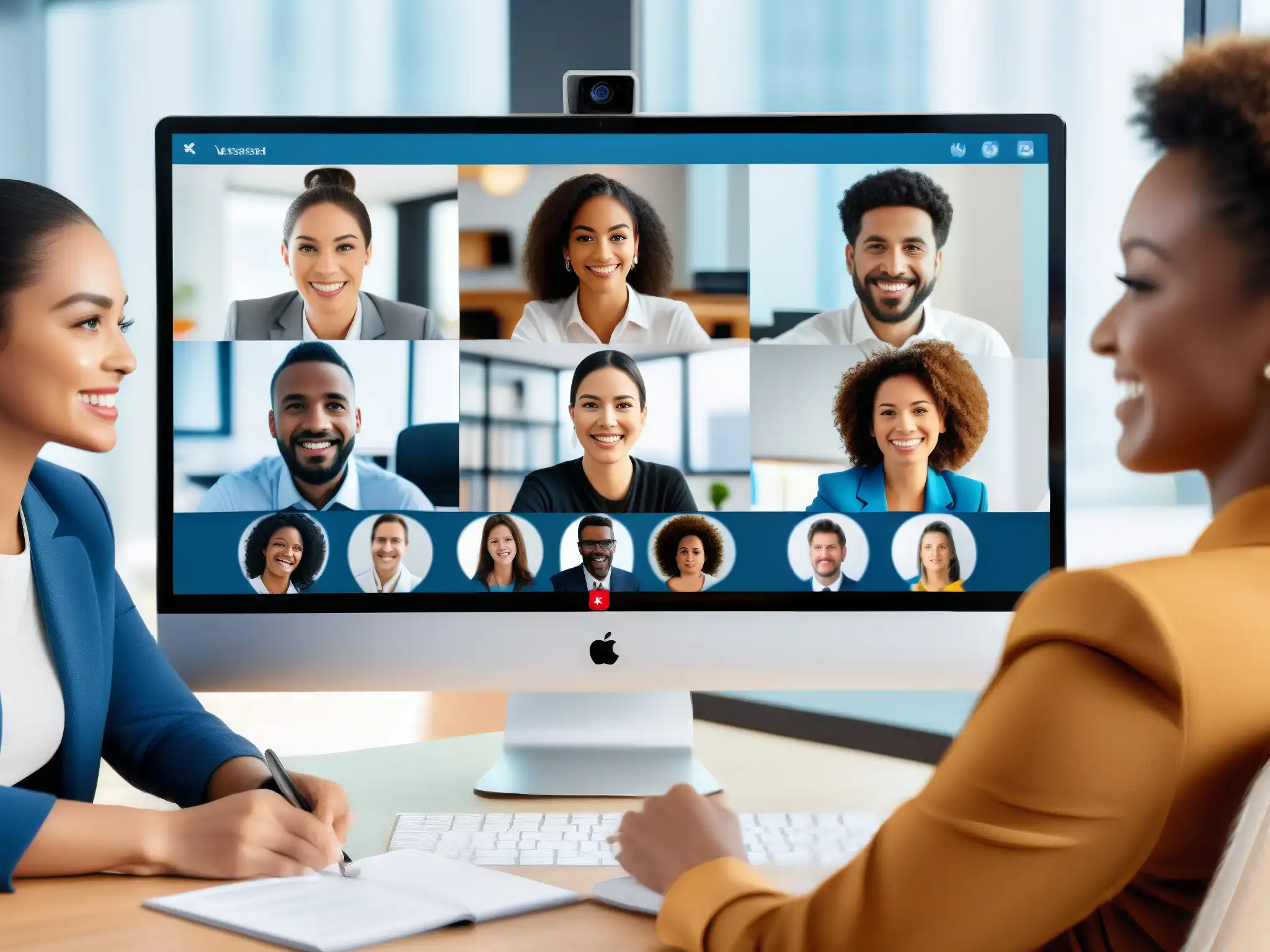 Reunión virtual productiva con IA y traducción en tiempo real Profesionales diversos en una videoconferencia, con IA organizando la reunión