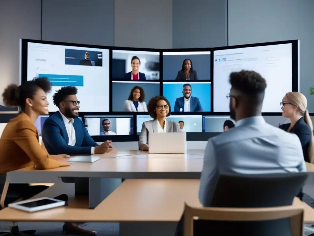 Profesionales en videoconferencia: colaboración y tecnología Profesionales diversos en videoconferencia con interfaces modernas y versátiles de APIs de videoconferencia