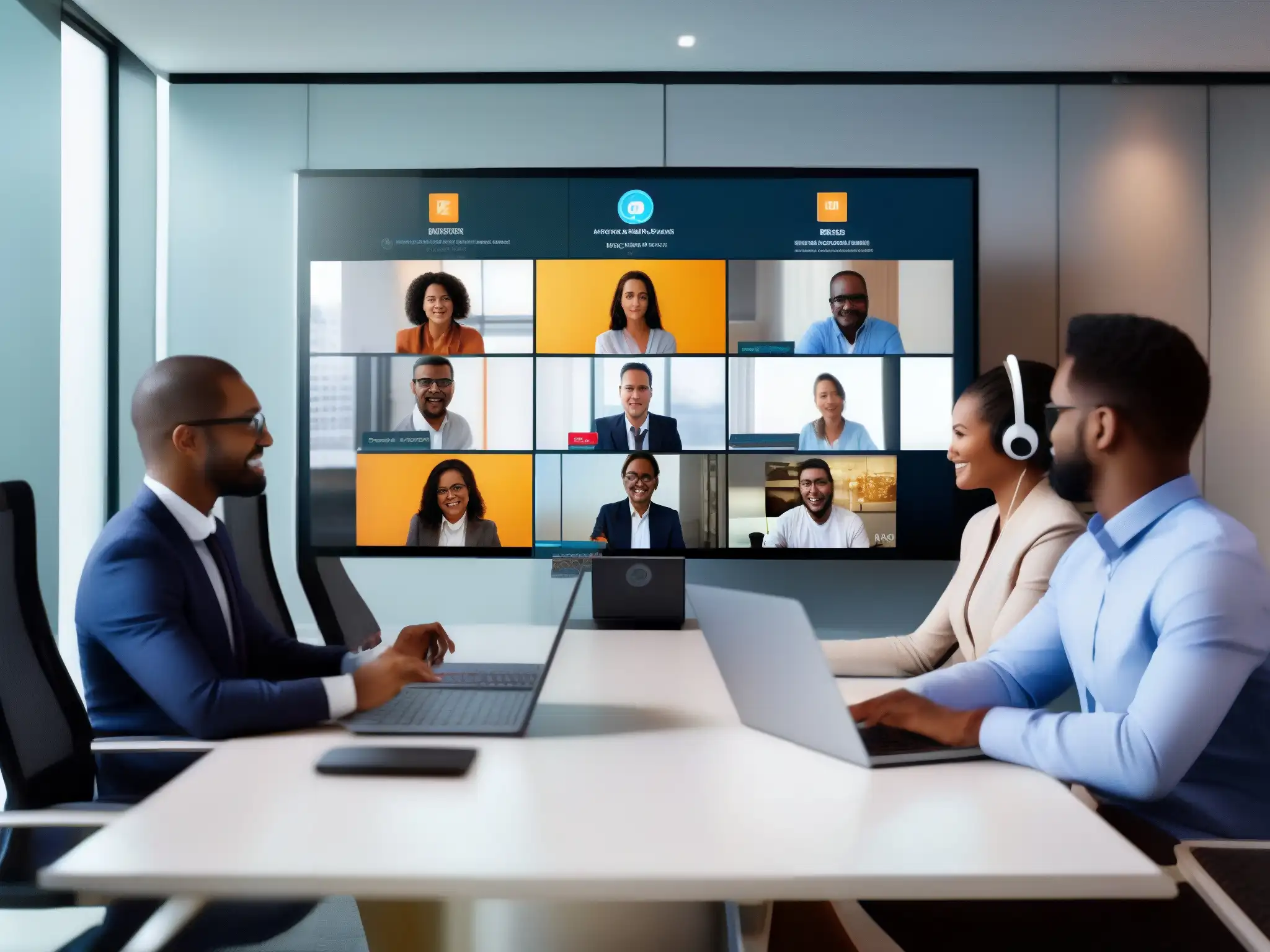 Videoconferencia profesional: interfaz intuitiva y calidad HD Profesionales diversos en videoconferencia con interfaz intuitiva y calidad, destacando la importancia de la interfaz usuario en videoconferencias