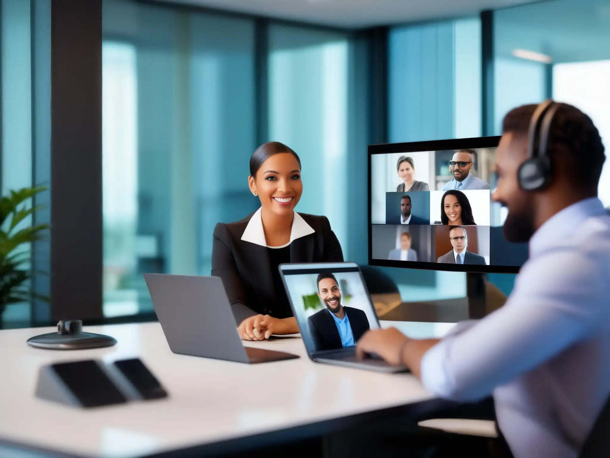 Profesionales en videoconferencia móvil: eficiencia y profesionalismo Profesionales diversos en videoconferencia móvil con interfaz moderna