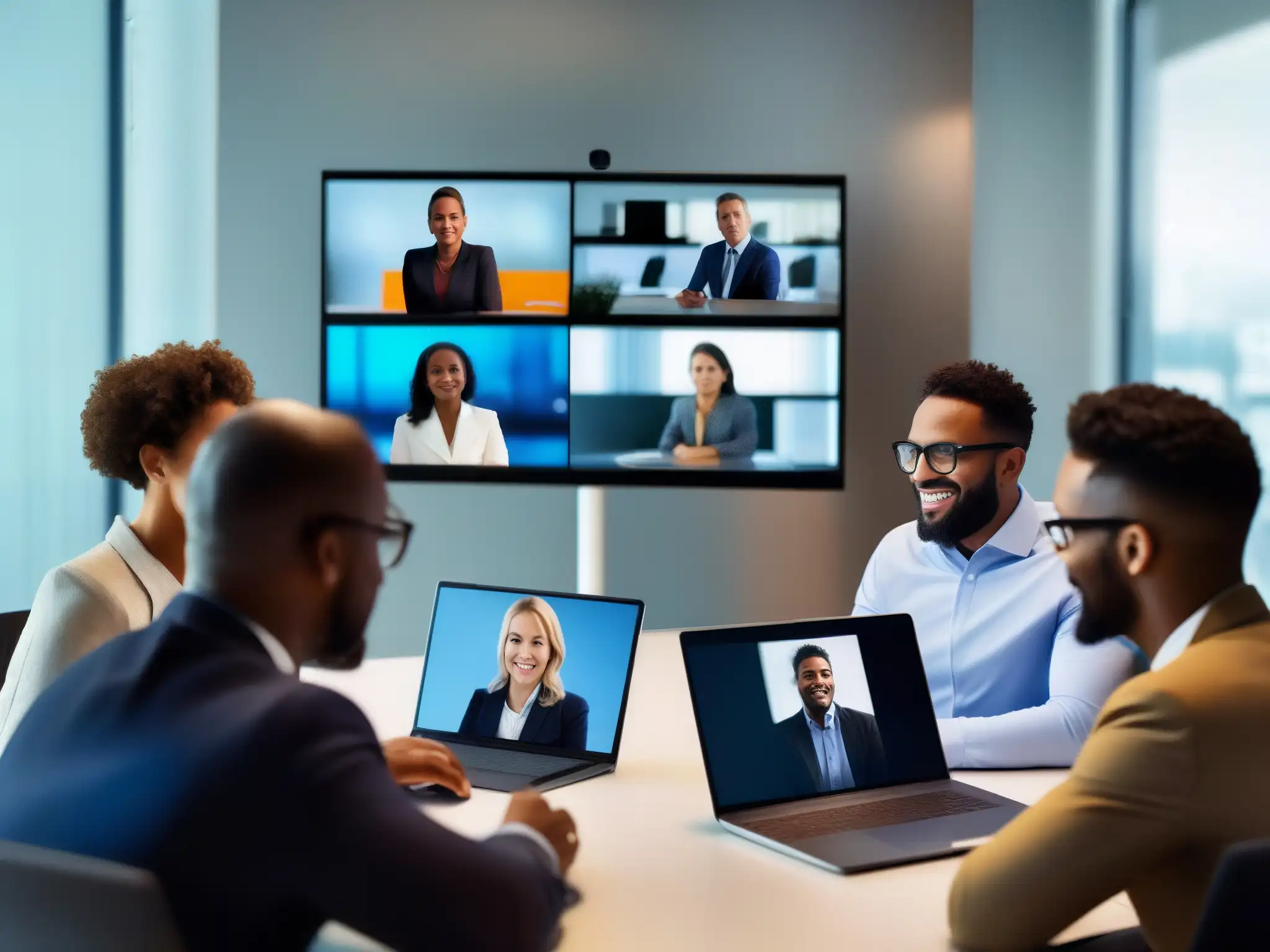Profesionales diversificados en videoconferencia interactiva Profesionales diversos en videoconferencia, mostrando la interoperabilidad en dispositivos